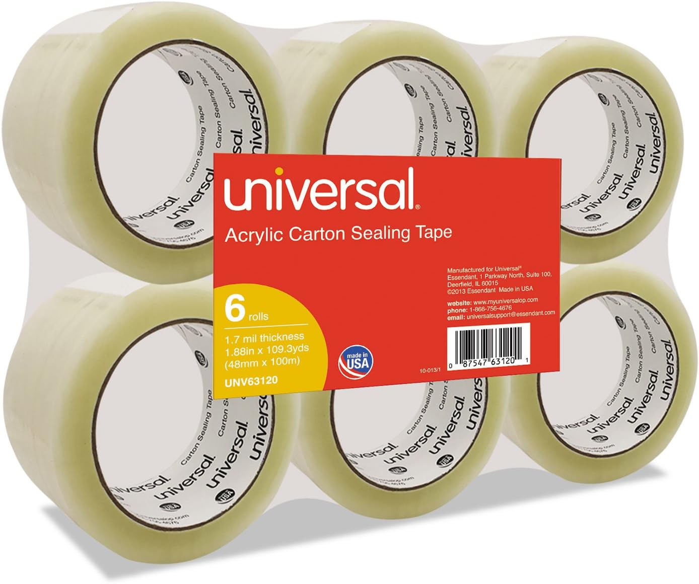 Universal General-Purpose Acrylic Box Sealing Tape, 48mm x 100m, 3" Core, Clear, 6/Pack (63120)
