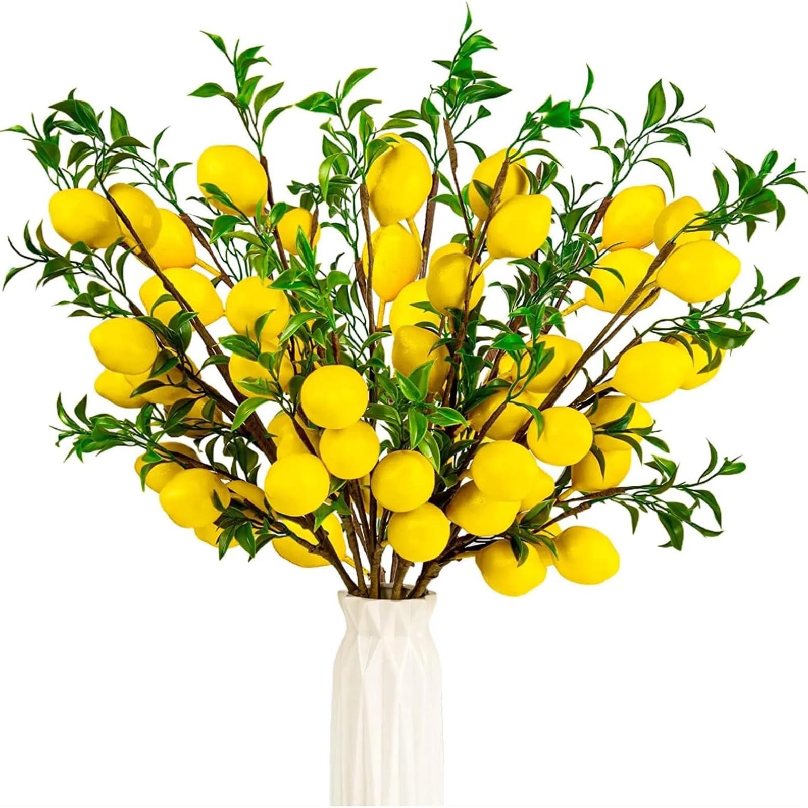 THE WHITE SHOP 4Pcs Artificial Lemons Branch, Vivid Yellow Fake Lemons With Green Leaf and Adjustable Stem, Lemon Decor for Home Kitchen, Garden, Desk, Party Decorations