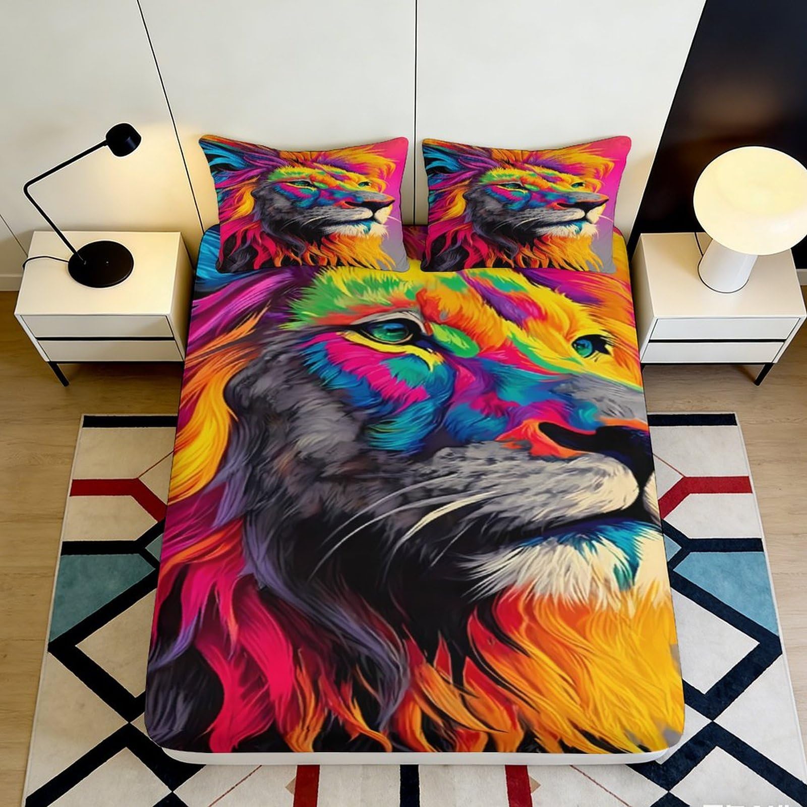 3D Printed Colorful Lion Fitted Sheet Microfiber Soft Breathable Vibrant Animal Bed Cover for Bedroom Dormitory Guest Room Mattress Protection 140x200x25cm