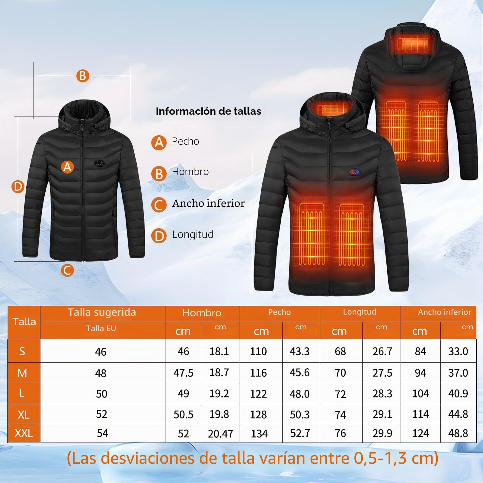 Chaqueta Calefactable Hombre con Batería 10000mAh, Chaquetas con Calefaccion con 5 Zonas, 3 Temperaturas, Control Doble, Ideal para Senderismo, Esquí y Acampar