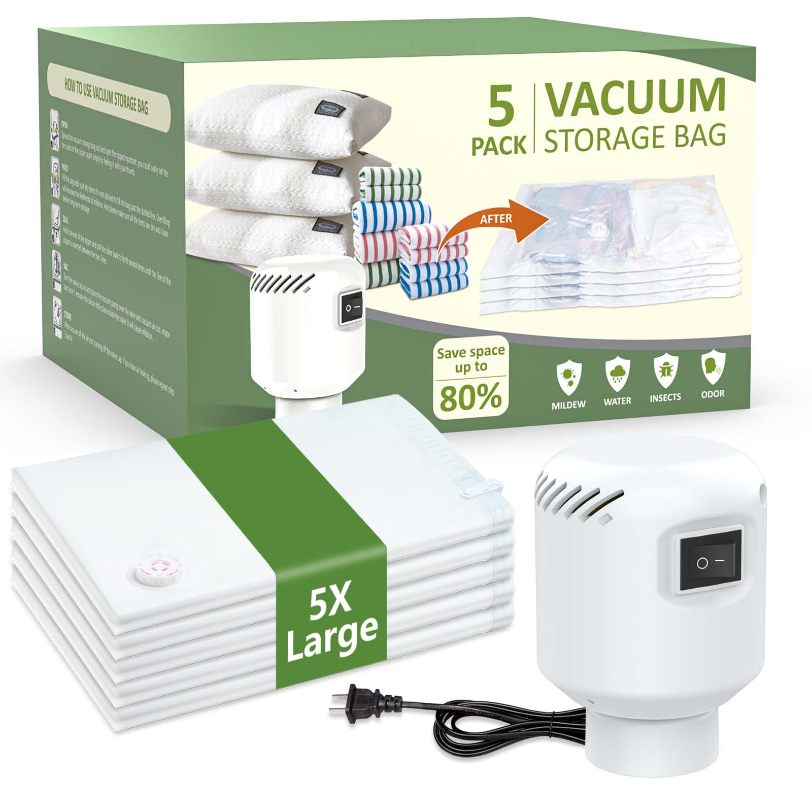 ZXA Vacuum Storage Bags with Electric Air Pump, 5 Pack Large 32''x 24'' Vacuum Seal Bags for Clothing, Space Saver Vacuum Storage Bags for Blanket, Duvets, Pillows, Comforters - White