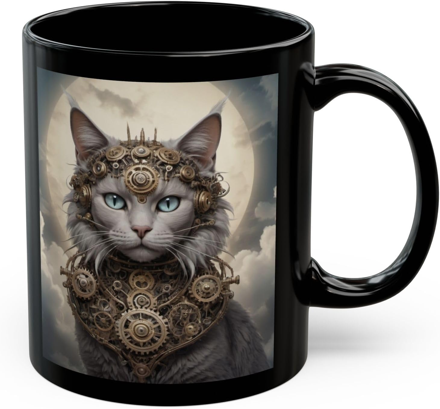 Steam-archy Feline Guardian Cat Black Mug (11oz, 15oz), Gear Graphic Design