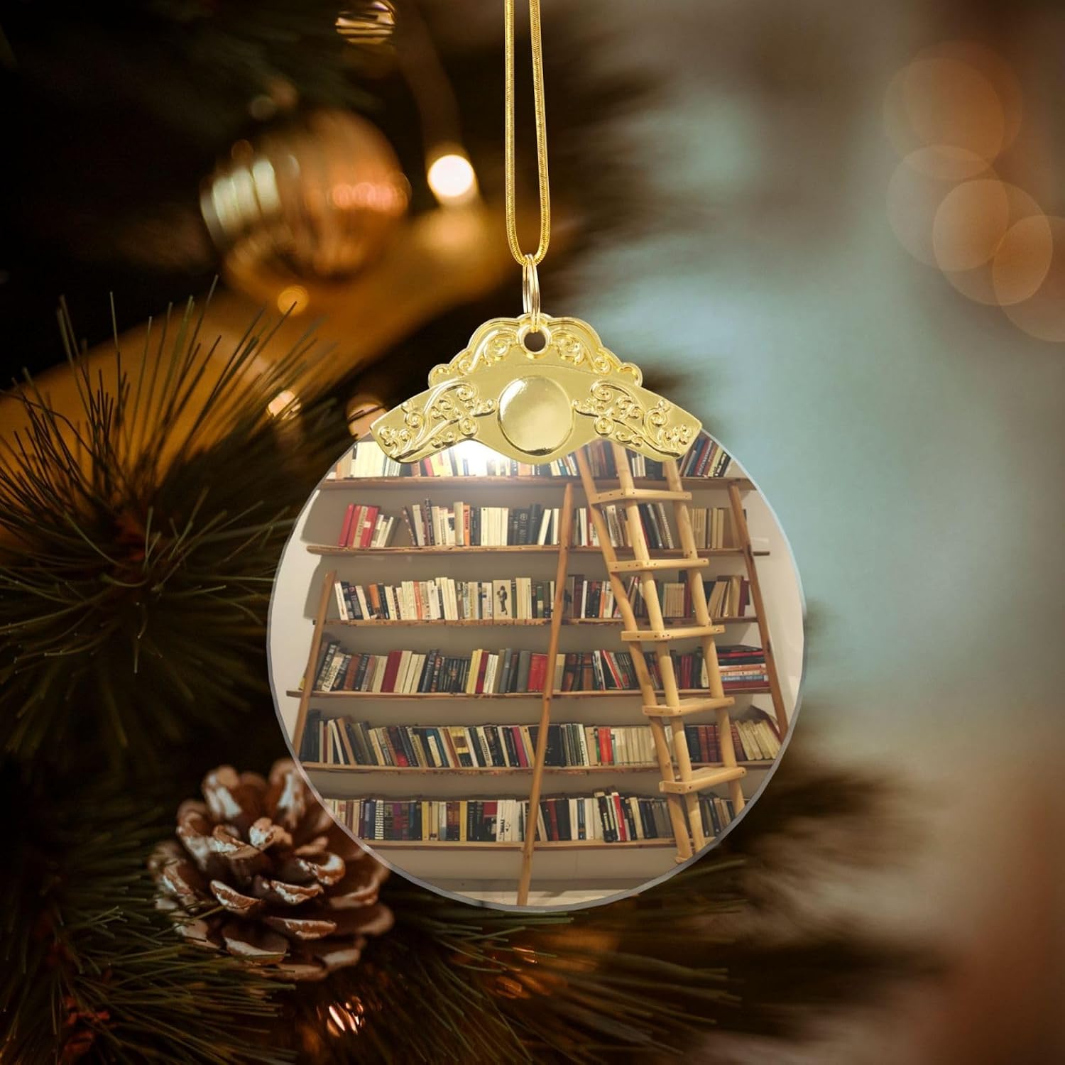 Funny Book Shelves Collection and Ladder Print Clear Glass Round Pendant with Chain,Indoor Use Decorative Pendant,Creative Decoration