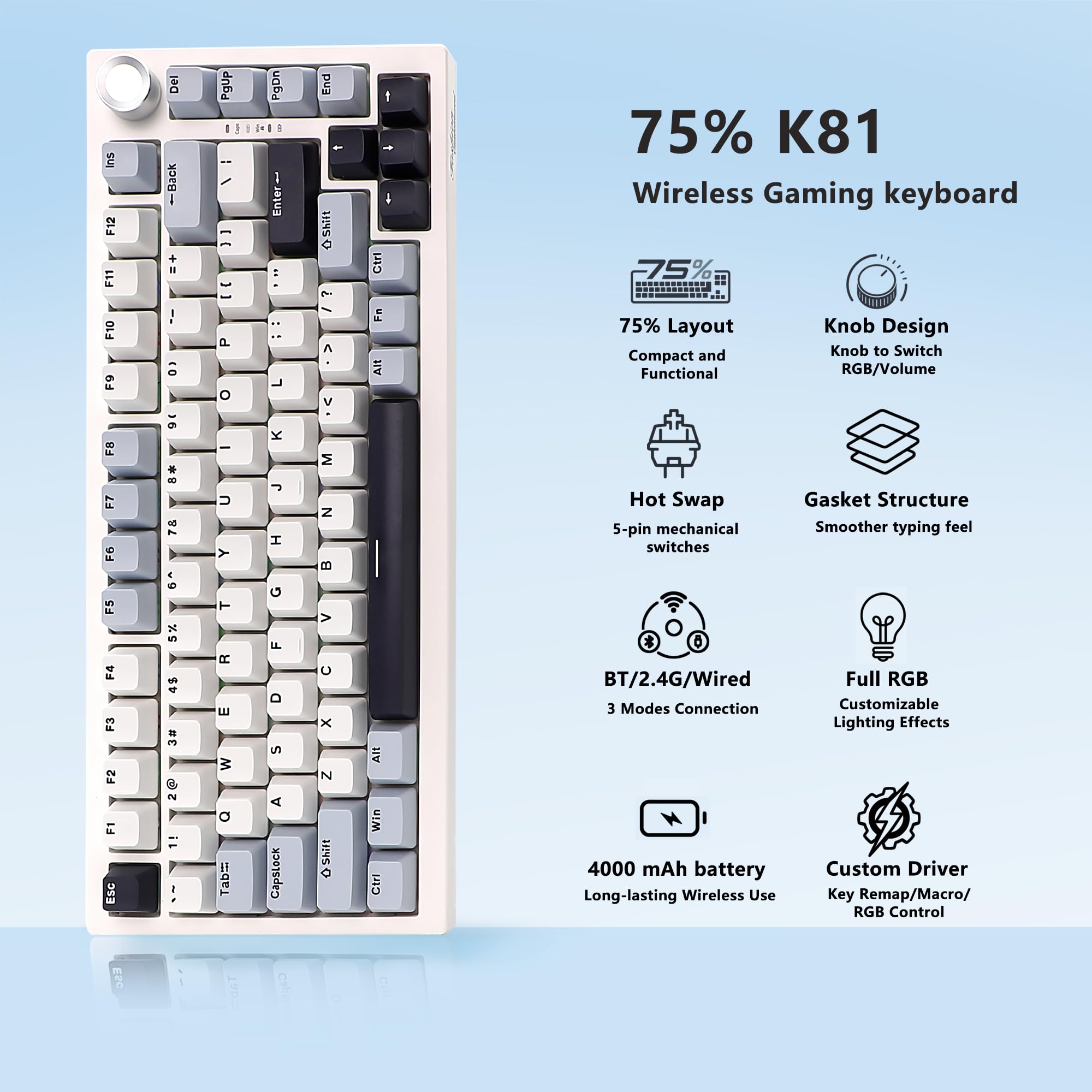 Tastiera meccanica wireless K81, tastiera 75% con manopola, Bluetooth/2.4G/USB, hot swap, tastiera da gioco RGB con tasti completi anti-ghosting, per Windows e Mac