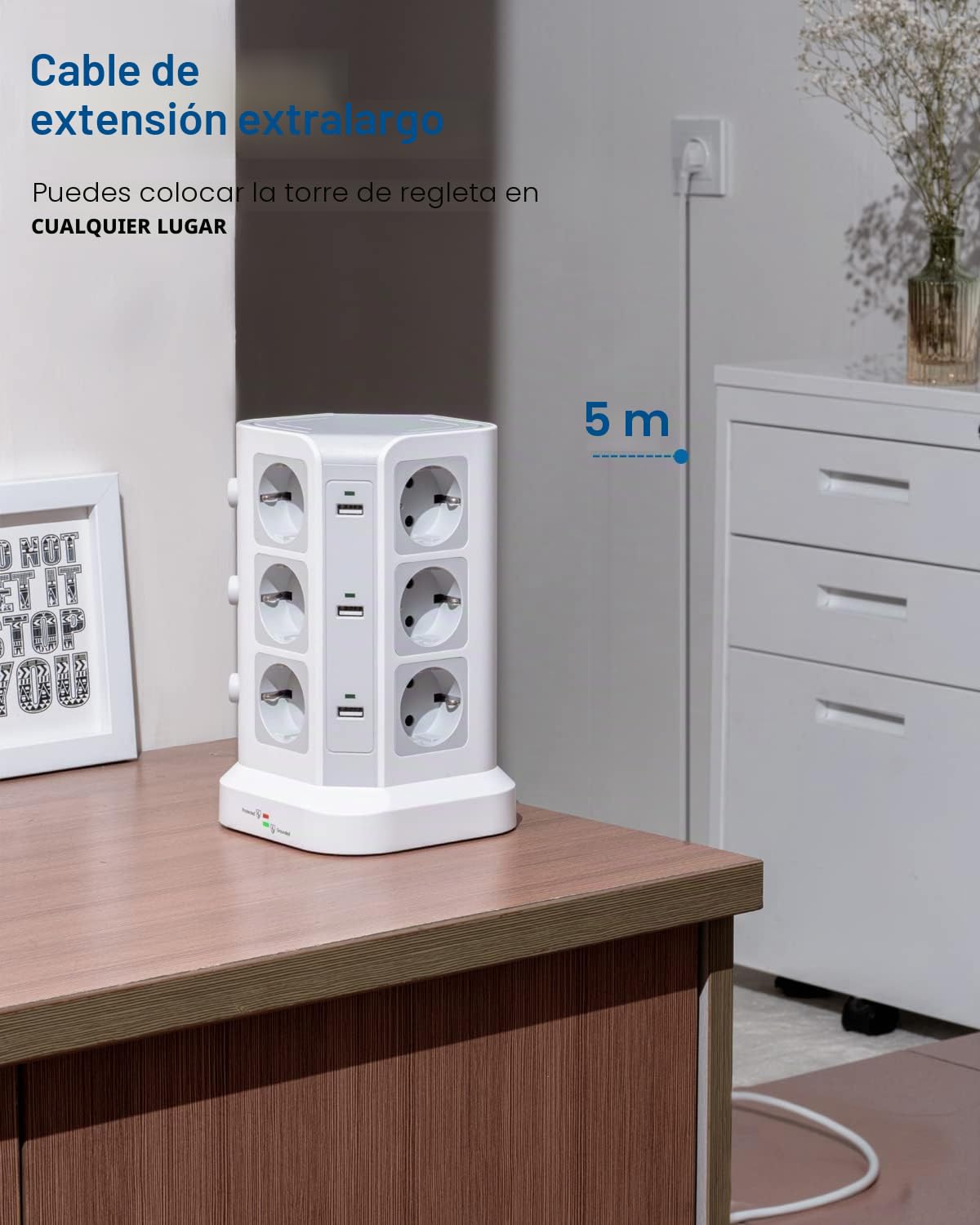 KOOSLA Regleta Vertical, 12 Enchufes, 6 USB, 5M, Blanco | 12 Enchufes, 6 USB, 4000W/16A, 3 Interruptores, Protección contra Sobretensión, Cable 5M