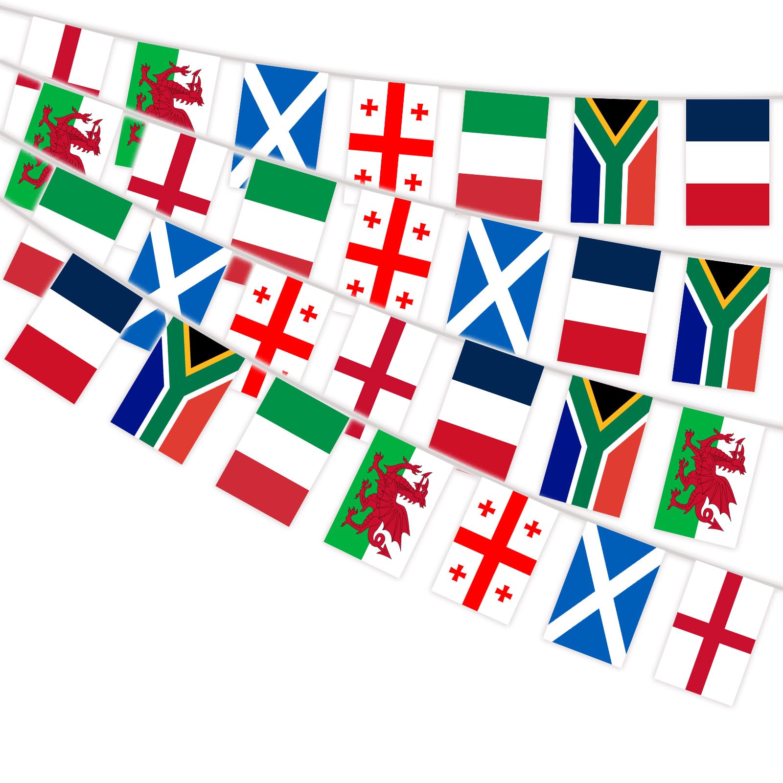 YOFANUP 202324 Rugby Challenge Cup Bunting, 28 Flags - 9m/30 ft Long, Flags of England, South Africa, Wales, Scotland, Italy, France, and Georgia - Great for Rugby Party Decorations (2 Pack)
