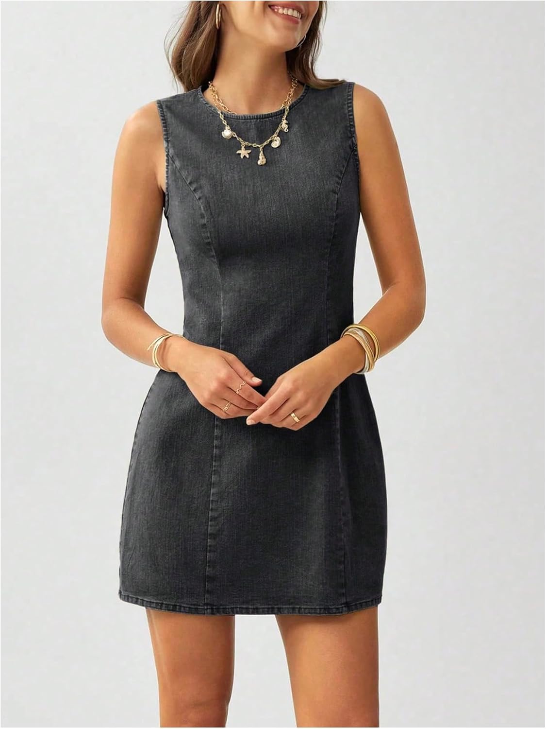 MakeMeChic Women's Denim Mini Dress Crew Neck Sleeveless Summer Cowboy Vintage Short Dresses - Image 4