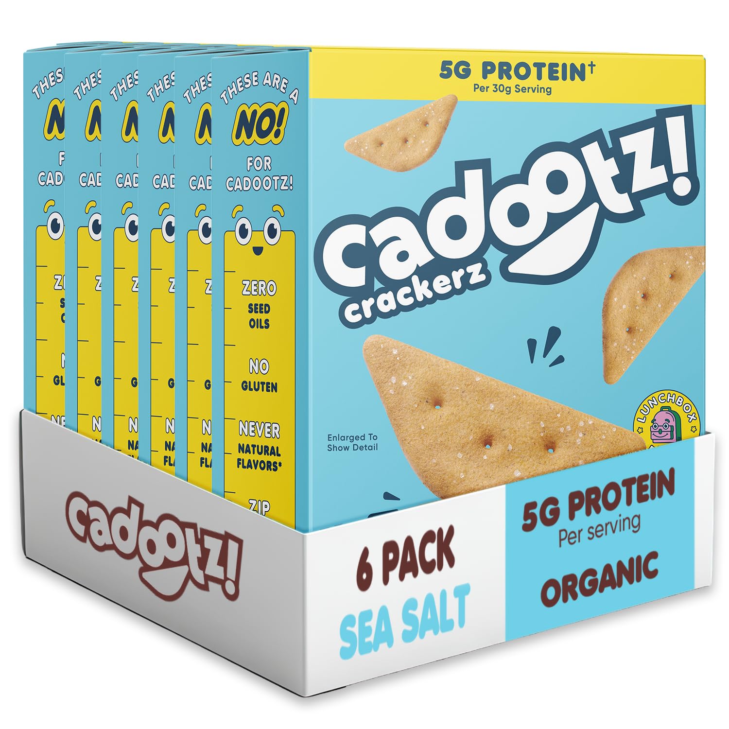 cadootz! - Sea Salt - Organic Kids Protein Crackers - 5g Protein Snack, Clean Label, Gluten Free, No Seed Oils, No Artificial Dyes - Healthy School Lunch Snack for Kids - 6 Pack