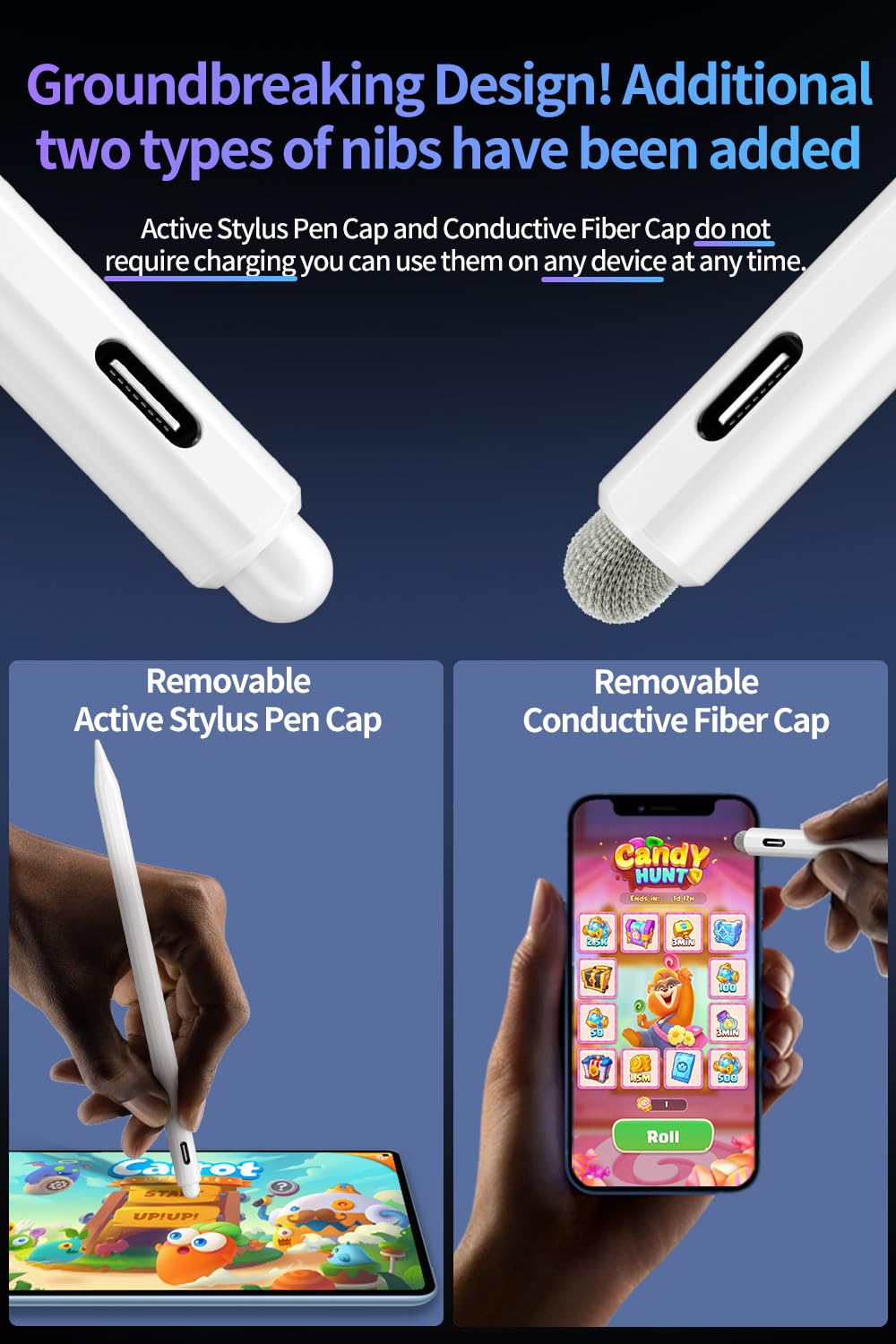 Image showing the stylus with its two main types of removable nibs: the active stylus pen cap and the conductive fiber cap.