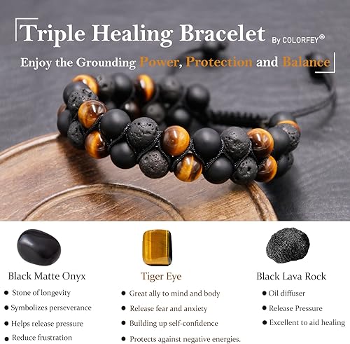 Miniatura 3 de Triple Protection Bracelet for Men Women, Genuine Premium Tiger Eye Black Onyx and Lava Rock 8mm Handmade Bead Bracelet Healing Crystal Protection