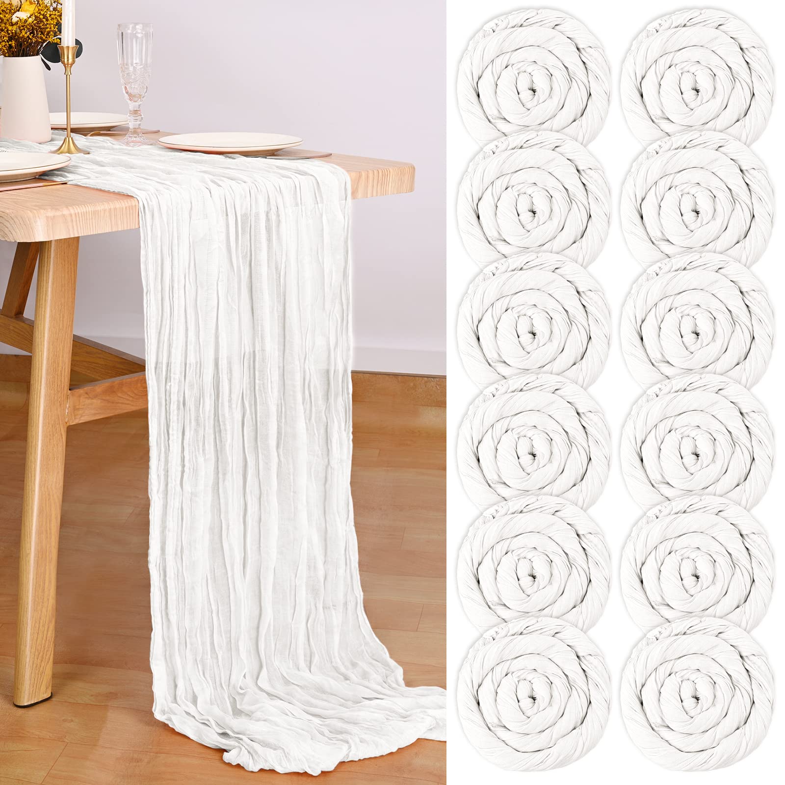 12Pack Cheesecloth Table Runner, White Rustic Gauze Table Runner 35"x120"Cheesecloth Gauze Table Runner, Cheesecloth Boho Table Runner for Wedding,Baby Shower Birthday Party Decor(White)