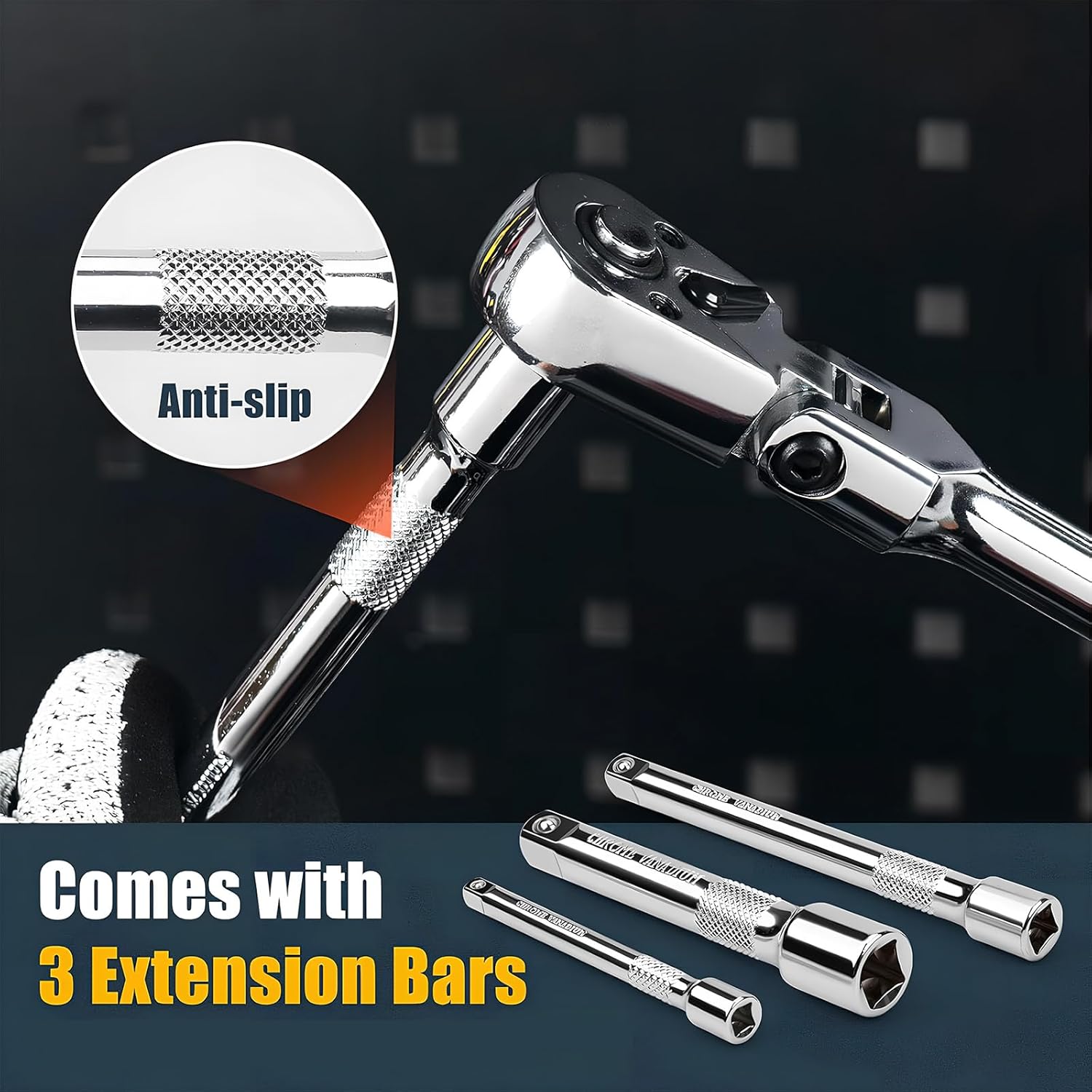 10-Piece Flexible Ratchet Set, 1/4“, 3/8” and 1/2" Drive Ratchet Wrenches with Extension Bars and 4 Adapters, 72-Tooth Flexible Wrench Handle with Quick-Release Reversible Design