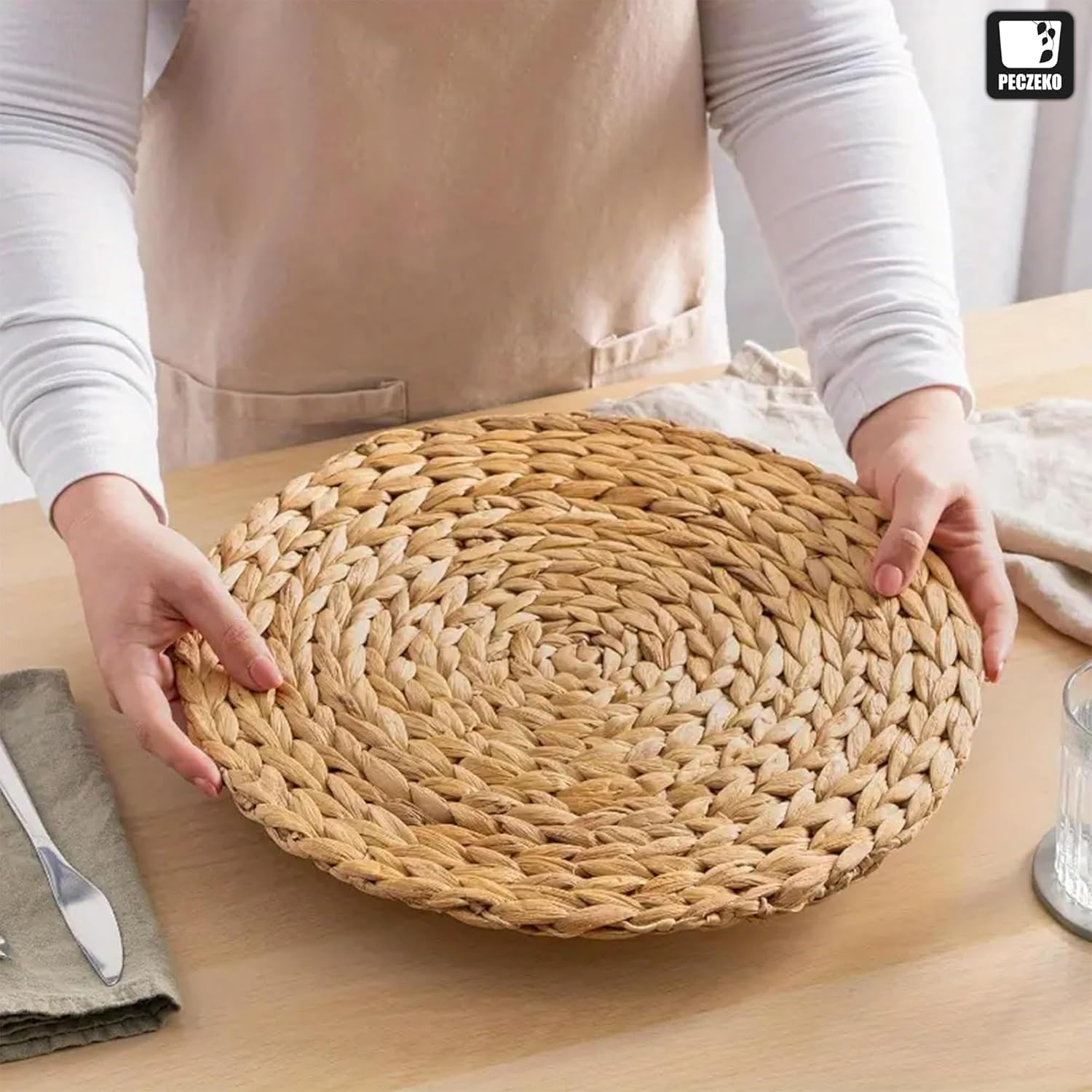 8er Set Rund Seegras Platzset Abwaschbar Platzsets Tischsets Werden, Boho Platzteller, Ideal für Weihnacht Hochzeit Küche Party, Hitzebeständige 35cm Platzdeckchen Abwaschbar, Natur