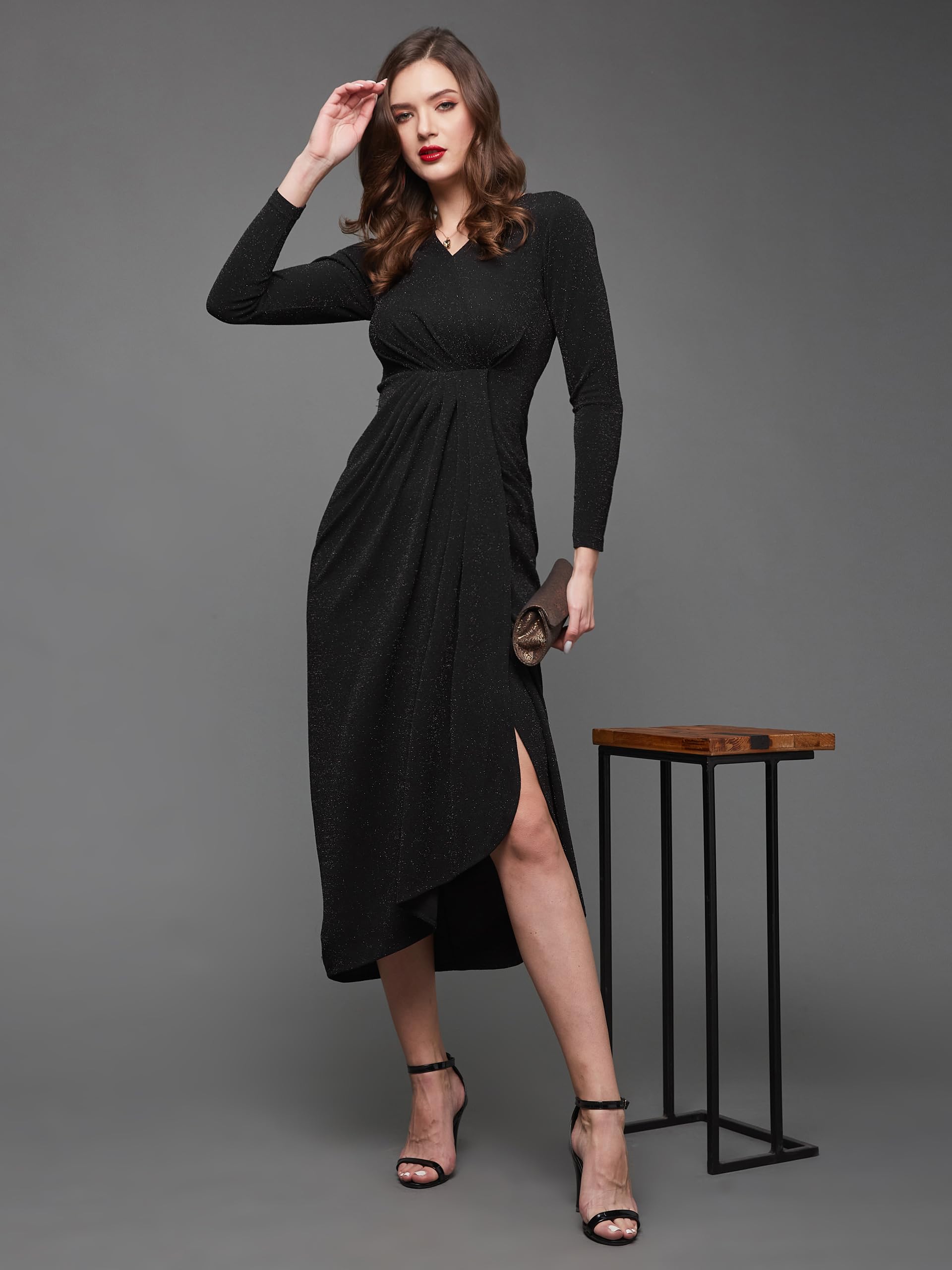 Miss Chase Women's V-Neck Full Sleeve Self Design Wrap Polyester Midi Dress (Mcaw23D13-81-62-04, Black, M)