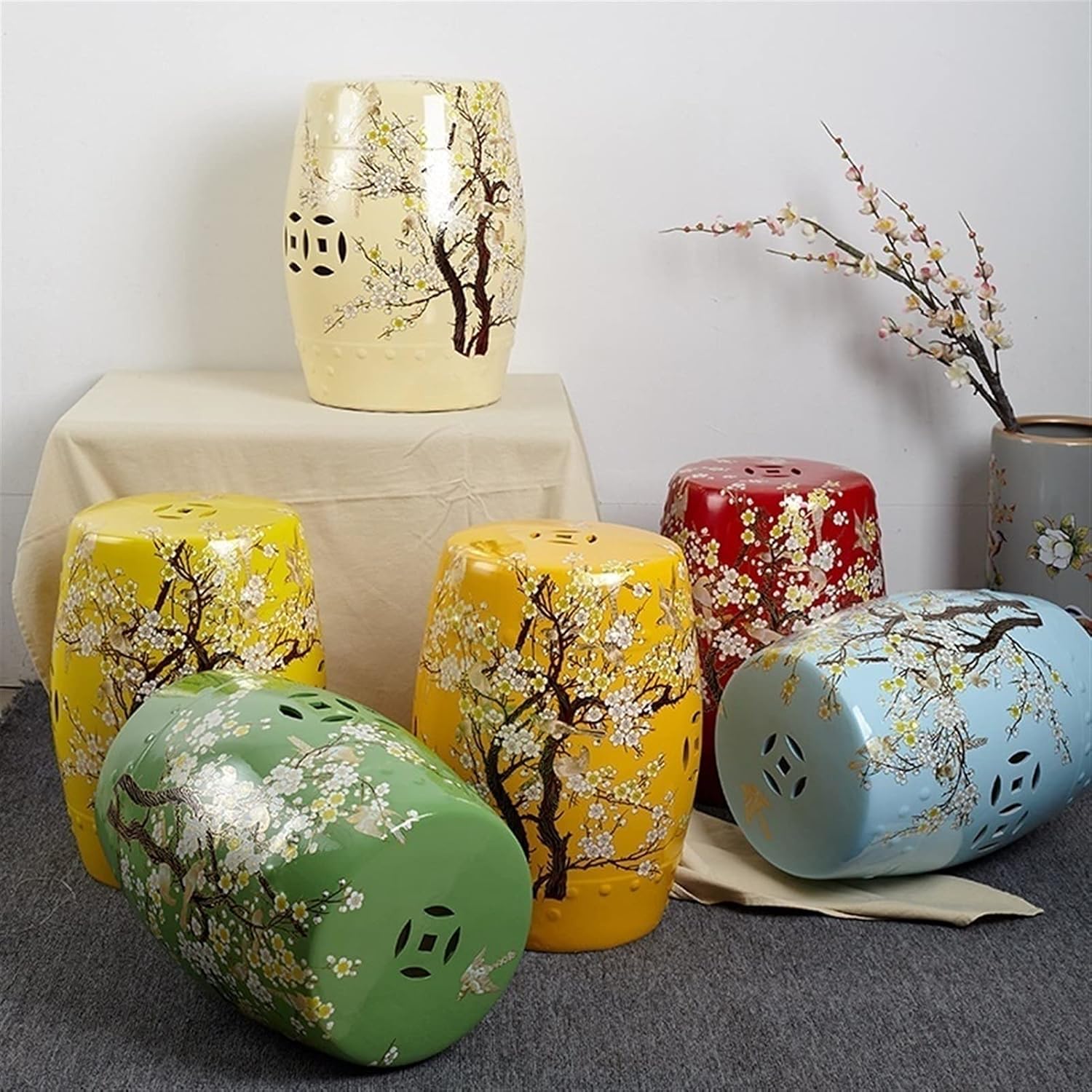 Decorative garden stools, Flower Pattern Glazed Ceramic Decorative Garden Stool, Waterproof and Easy to Clean, Suitable for Courtyard