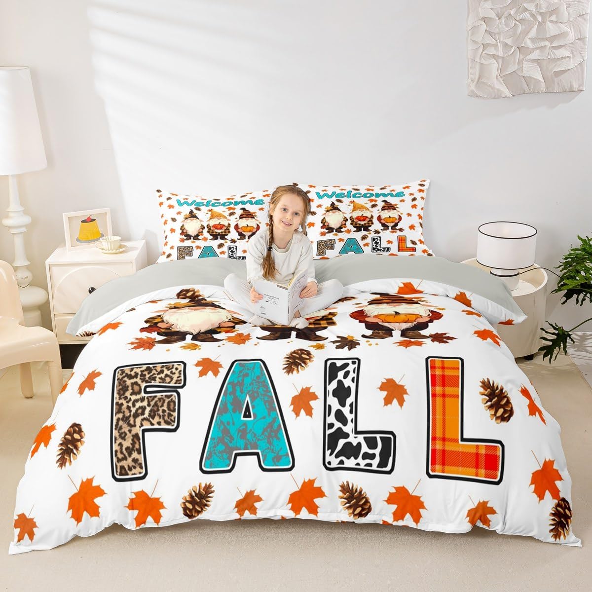 Castle Fairy Autumn Gnome Duvet Cover Toddler Size,Happy Fall Themed Comforter Cover with 1 Pillowcase,Rustic Fallen Leaves Bedding Set 2pcs,Vintage Country Decor Quilt Cover,Not Comforter