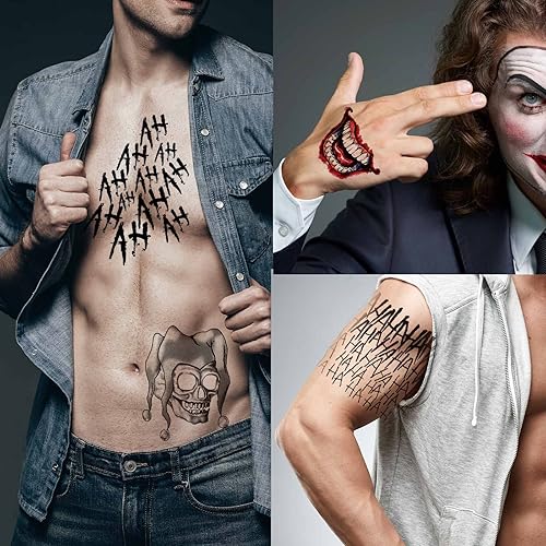 Miniatura 4 de Zeecdatoo 5 hojas de tatuajes de broma de gran tamaño para escuadrón suicida, tatuajes de Harley Quinn perfectos para disfraces de Halloween y