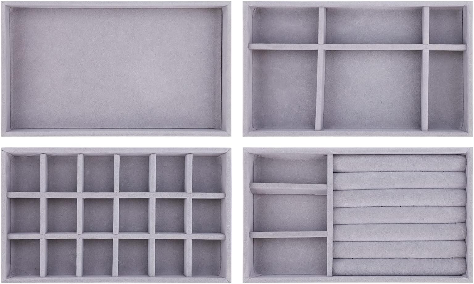 TSLBW Jewelry Trays Organizer Set of 4 Velvet Stackable Jewellery Drawer Organiser Tray Earring Ring Necklace Bracelet Display Showcase Jewelry Storage Trays, 4 Style (Grey)