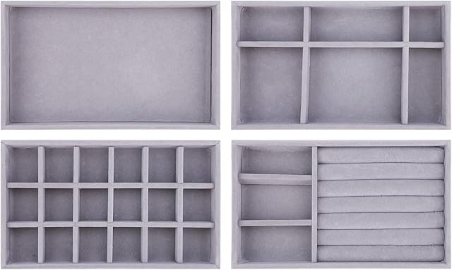 Jewelry Trays Organizer Set of 4 Velvet Stackable Jewellery Drawer Organiser Tray Earring Ring Necklace Bracelet Display Showcase Jewelry Storage Trays, 4 Style (Grey)