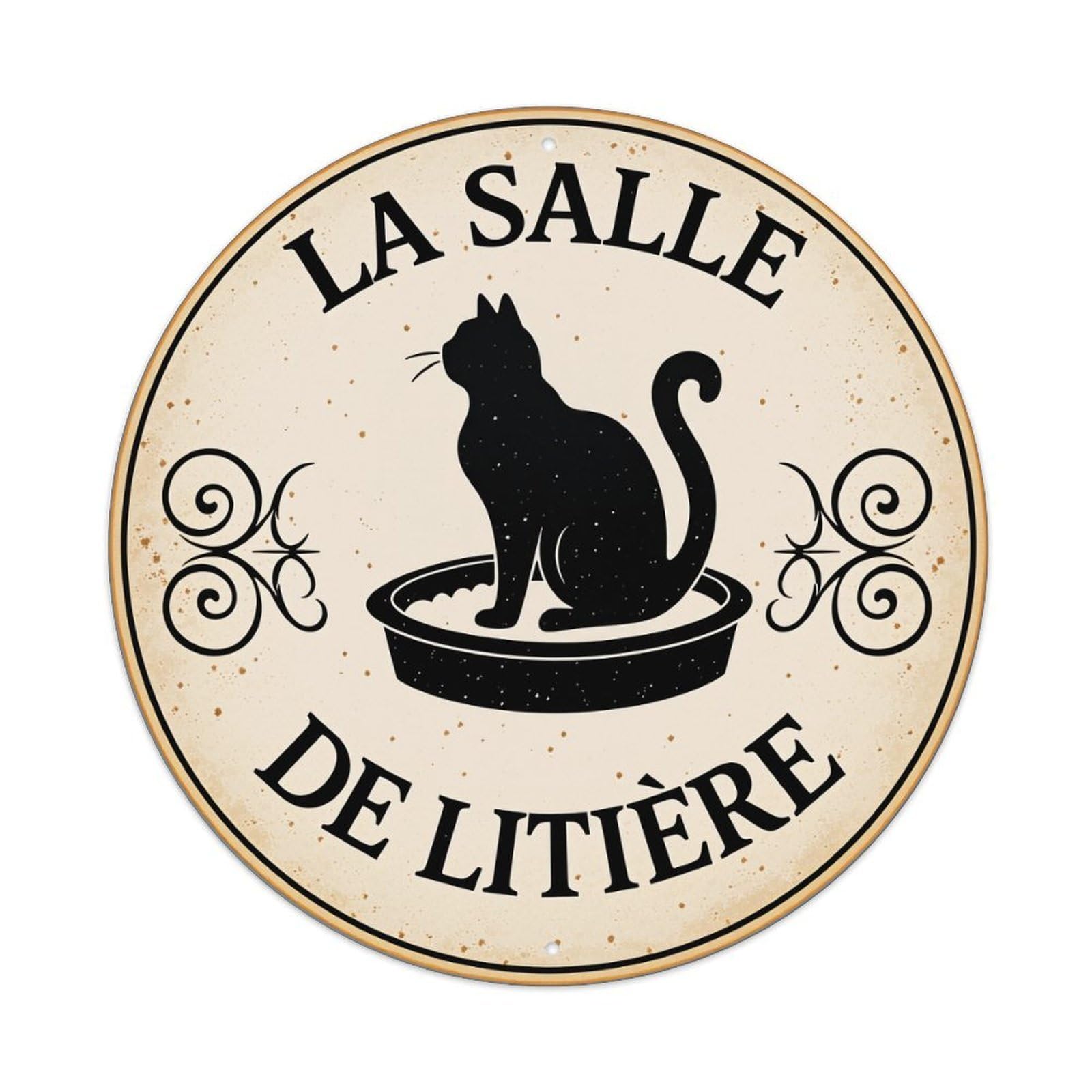 Cat In Litter Box With Scroll Design Round Vintage Tin Sign,Retro Wall Art,Metal Poster for Home, Bar, Garage, Cafe, Rustic Indoor & Outdoor Decor, 8x8 Inches