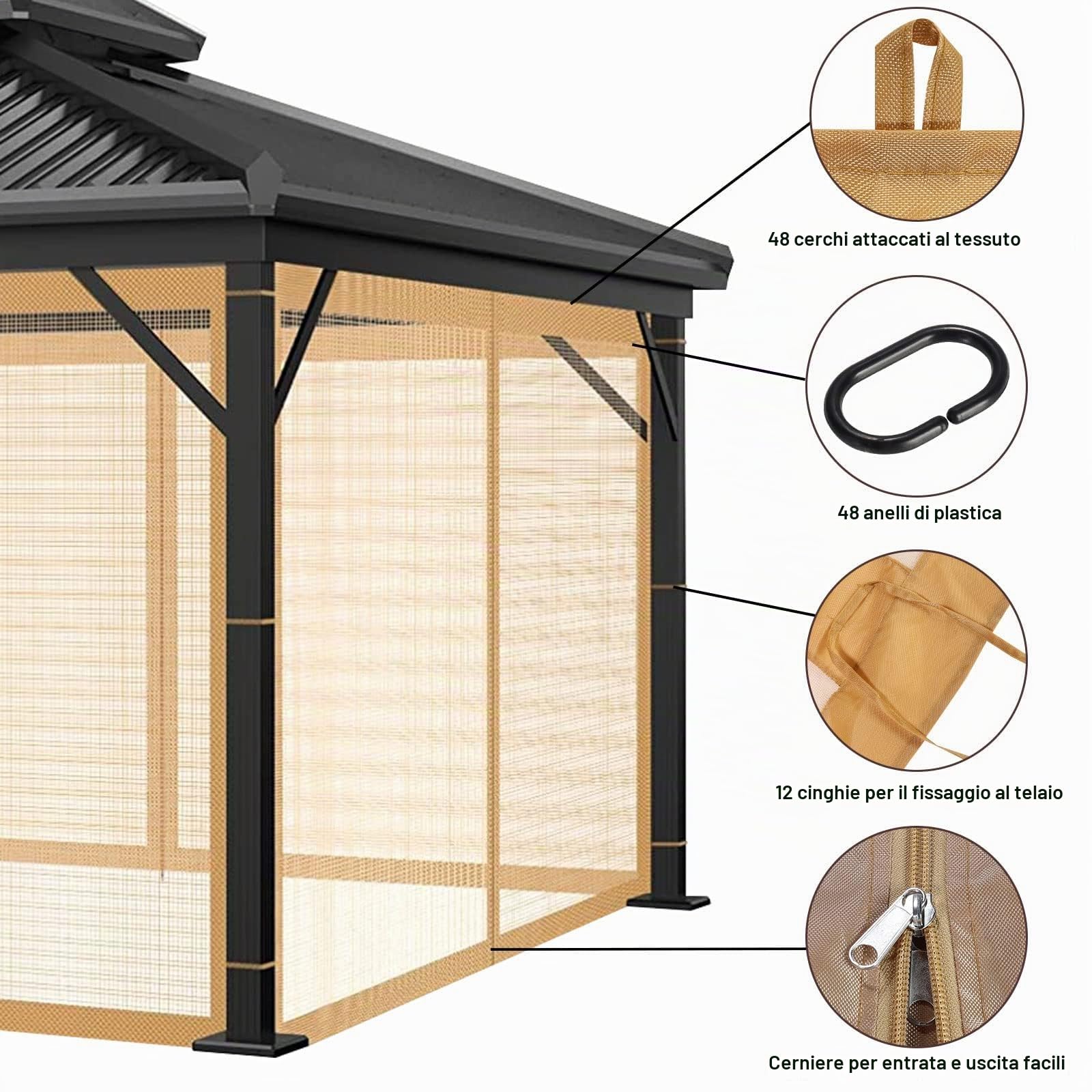 Jianyana 4 Pannelli Laterali Zanzariere per Gazebo con 8-Sacchetto Portante, 300×300CM Tende Zanzariera di Ricambio Universale con Cerniera （Marrone）