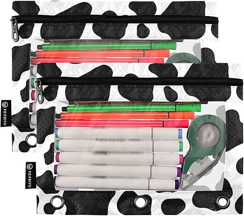 Miniatura 2 de Bolsas para lápices con estampado de vaca para carpeta de 3 anillas, bolsas con cremallera y ojales, estuche para lápices con ventana transparente,