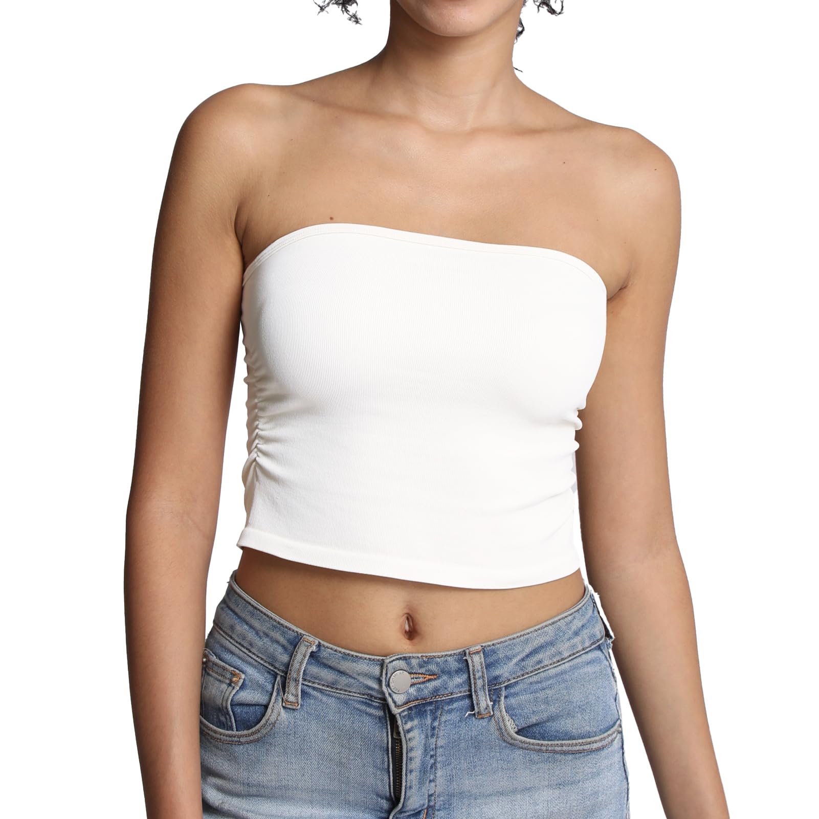 Comfyin Bandeau Top Damen Trägerloses Tube Tops Summer Ohne Ärmel Slim Fit Offene Schultern Crop Top Basic Tank Tops