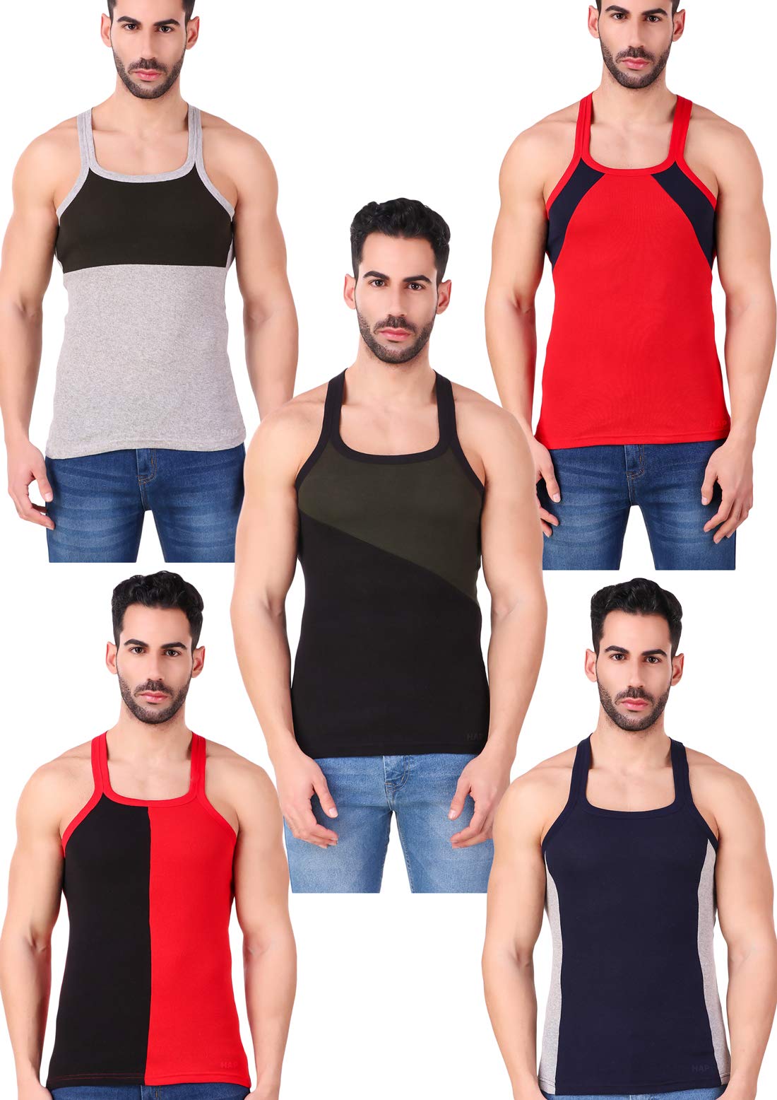 HAP Men's Designer Gym Vest/Sports Vest/Casualwear/Cotton Rib Vest/Innnerwear/Pack of 5