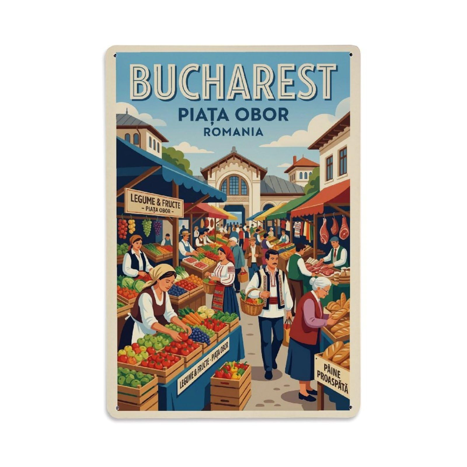 Vintage Travel Bucharest Obor Market Clean Romania Metal Tin Sign Plaque Wall Decor for Cafe, Club Bar, Office, Home Garden Metal Poster 8x12Inch