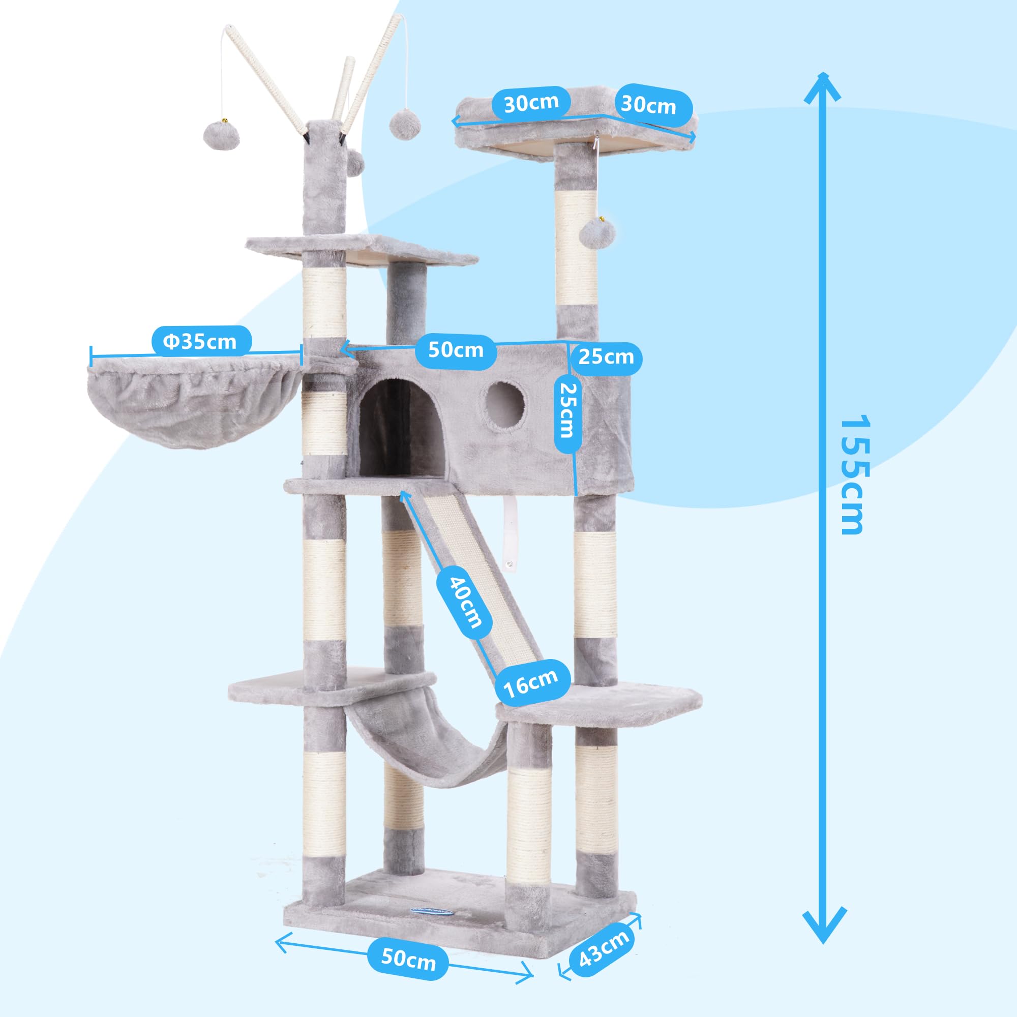 Hey-brother Albero per gatti, 154 cm, torre per gatti da interno, con piattaforma imbottita, palline giocattolo, grande condominio accogliente, amache e tiragraffi in sisal, grigio chiaro EMPJ019W