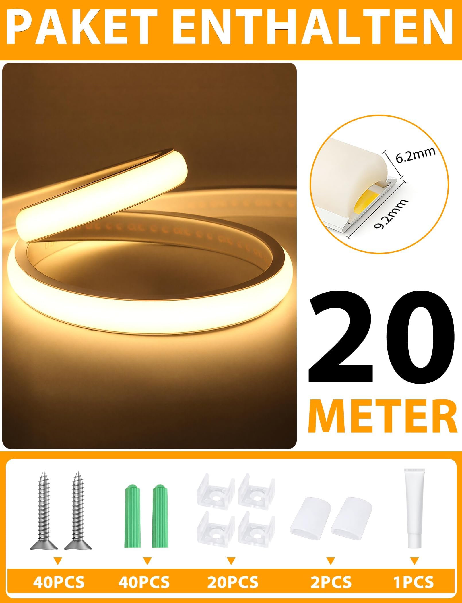 Lamomo COB LED Streifen 20m, Aussenbereich Wasserdicht Warmweiss Neon Strip | Silikon Leiste 5760 leds, CRI 95+, Flexibel, 3000K, 9.2mm Breit, 220V, Zuschneidbar für Heim Küche Garten Gewerbedekor