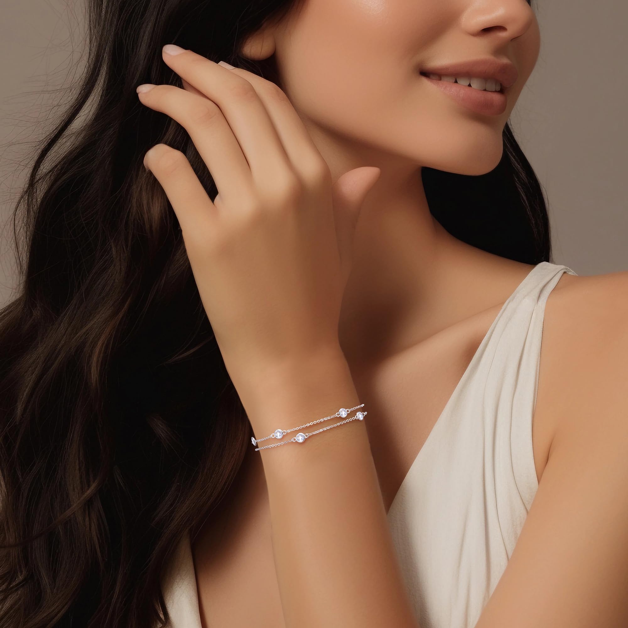 LOUISA SECRET Doppelkette Armband Damen 925 Sterling Silber Zirkonia Gold | Armbänder Verstellbar Valentinstag Muttertag Geburtstags Weihnachten Geschenk für Sie Frauen Freundin mama