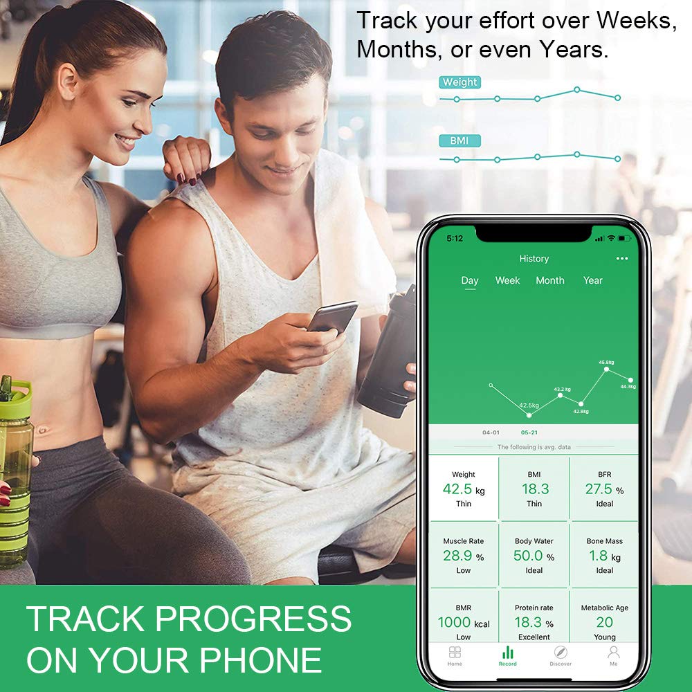Smartphone app showing historical data tracking for weight and BMI over time