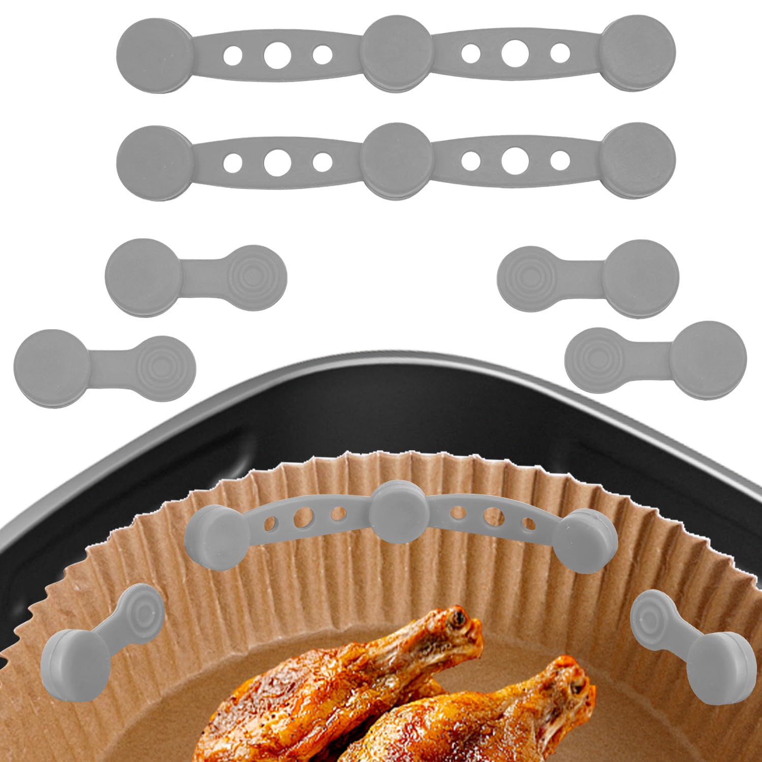 Magnetic Silicone Buckles for Air Fryer Baking Paper, Heat Resistant Fasteners to Secure Liners, Pack of 6 (Grey)