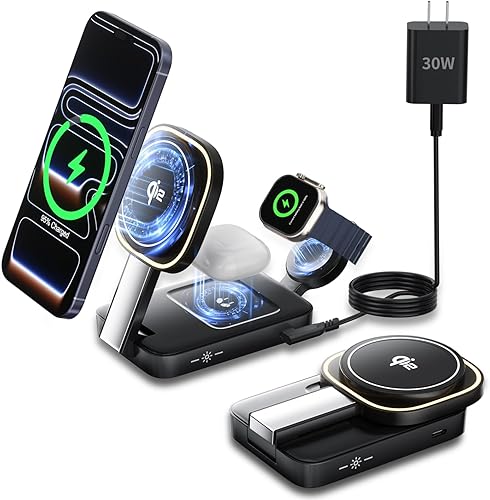 Cargador inalámbrico magnético Estación de carga de Apple, estación de carga inalámbrica 3 en 1 con certificación Qi2, lámpara nocturna, cargador