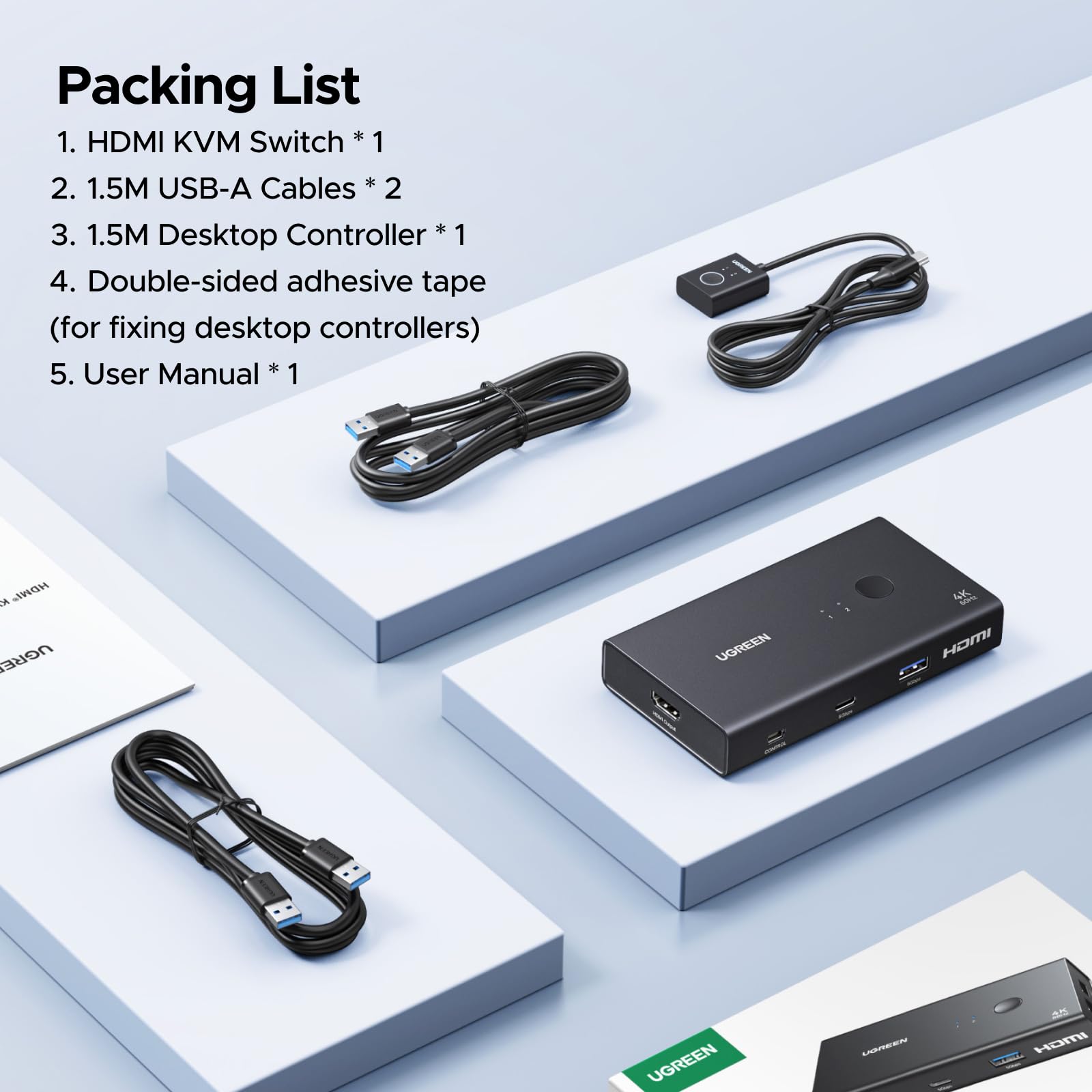 UGREEN Switch KVM HDMI 2 Entrées 1 Sorties 4K 60Hz Double Affichage Commutateur KVM USB 3A +1C 3.0 5Gbps pour Clavier Souris Disque Dur Contrôleur de Bureau Câbles USB Inclus