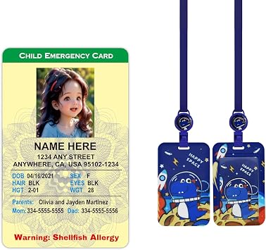 Custom ID Card Child Travel Identification Card Personalized Kid ID Badge Fake ID Card Printed Emergency Contact Information Anti-LostGreen