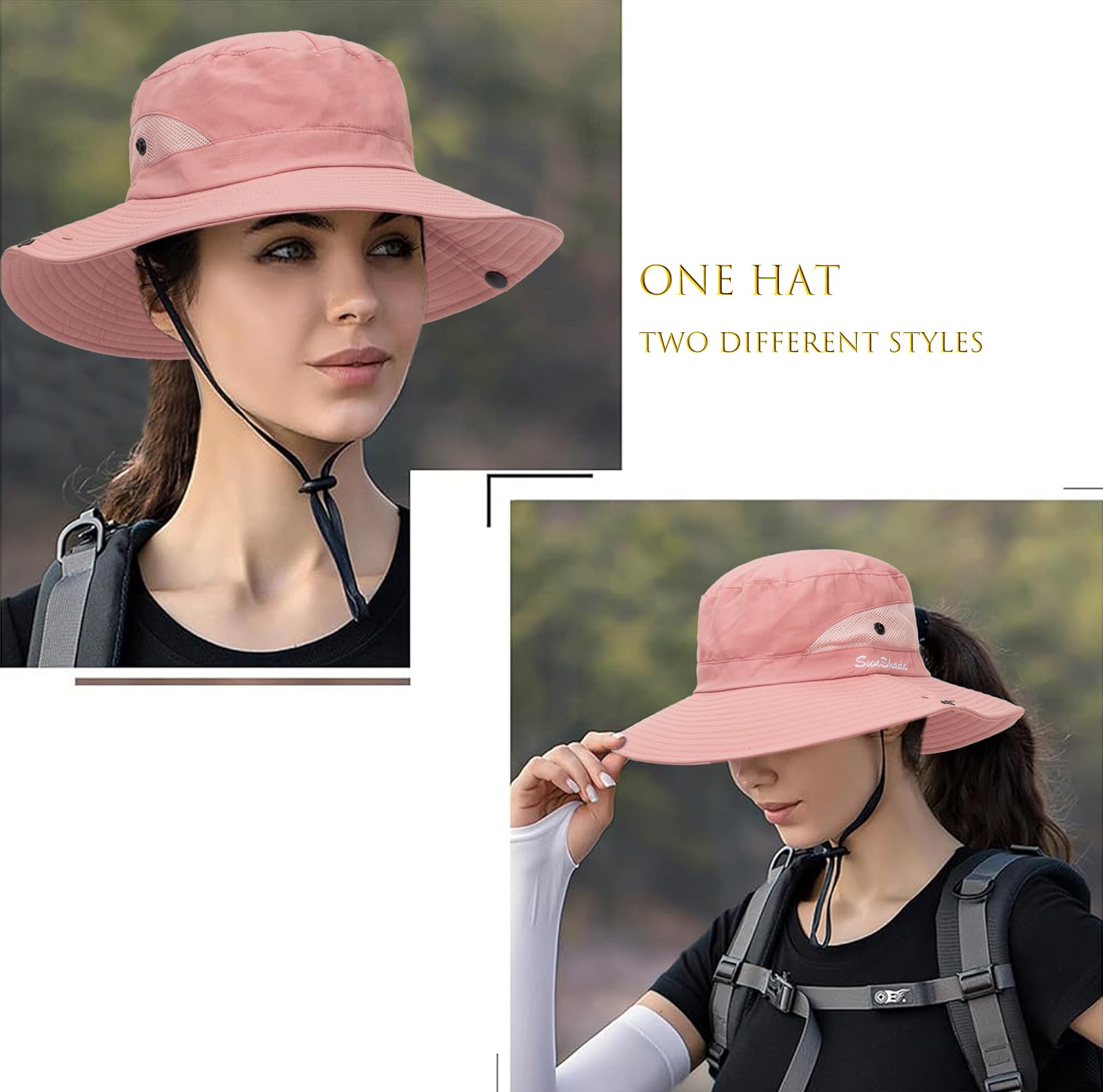 Womens Summer Sun Hat Beach Hat Wide Brim Outdoor UV Protection Hat Packable Mesh Bucket Hat with Ponytail Hole, Solid Pink, M - Image 4
