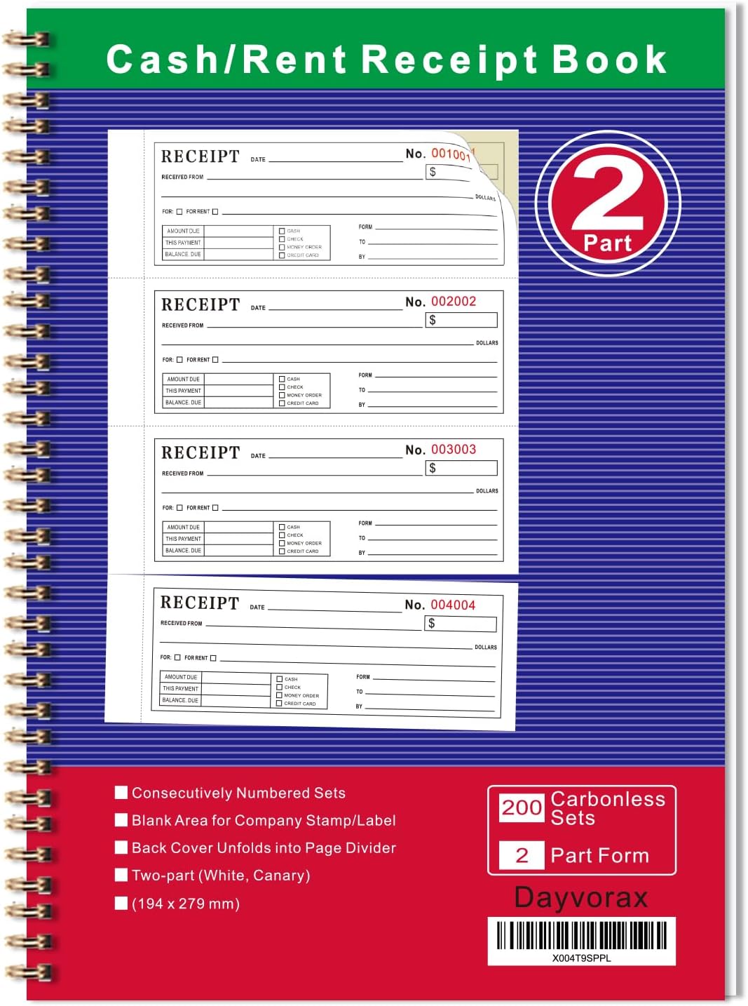 Money and Rent Receipt Books - Receipt Book with 2 Part Carbonless Copies, 7-5/8" x 11", Wraparound Cover, Spiral Bound 200 Sets per Book, 4 Receipts per Page (5 Books per Pack）