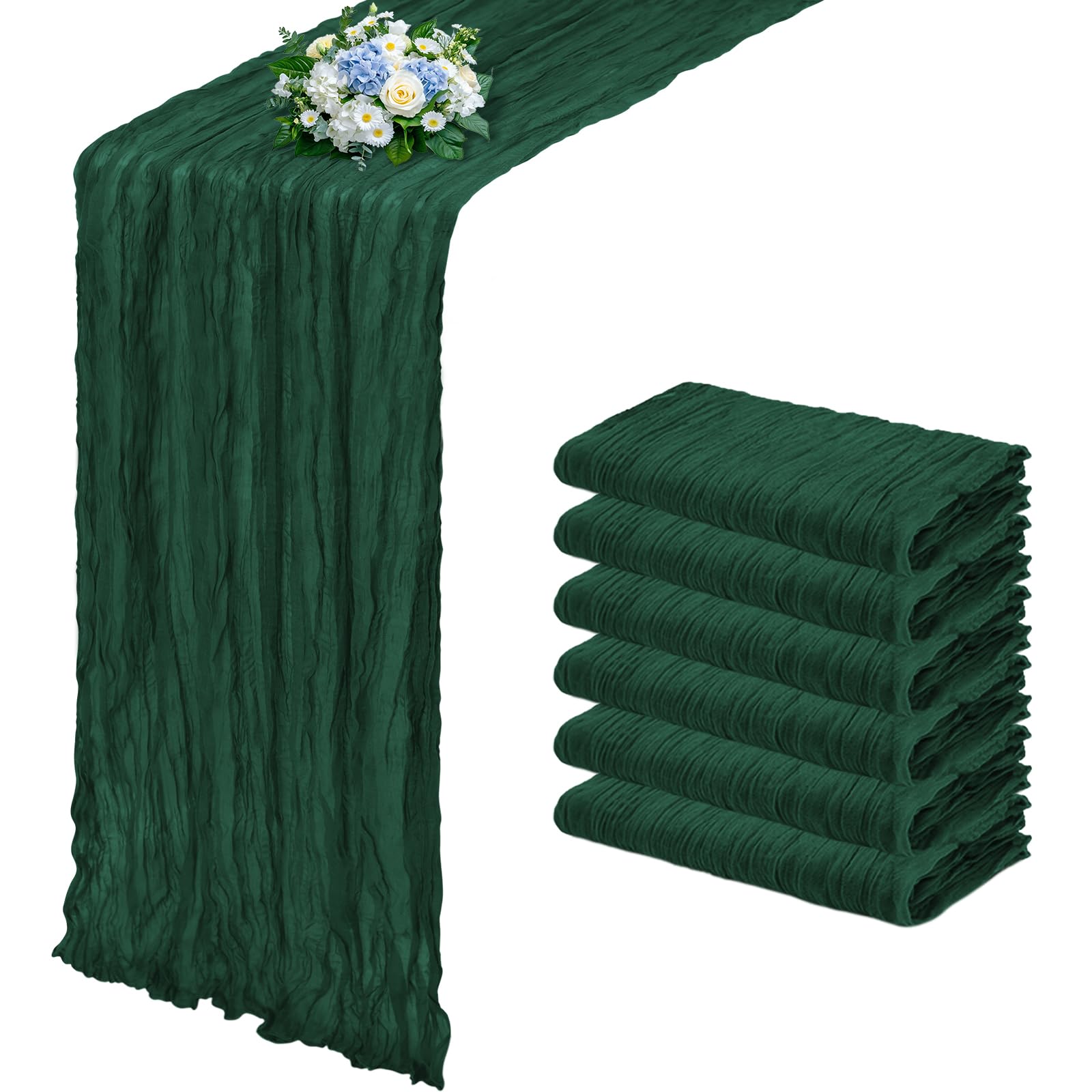 Photo 1 of RealBox 6 Pack Emerald Green Cheesecloth Table Runner 17x108 Inch Semi Sheer Boho Gauze Cheese Cloth Fabric Table Runners, for Wedding Party Baby Shower Birthday Home Decor Garden Farmhouse