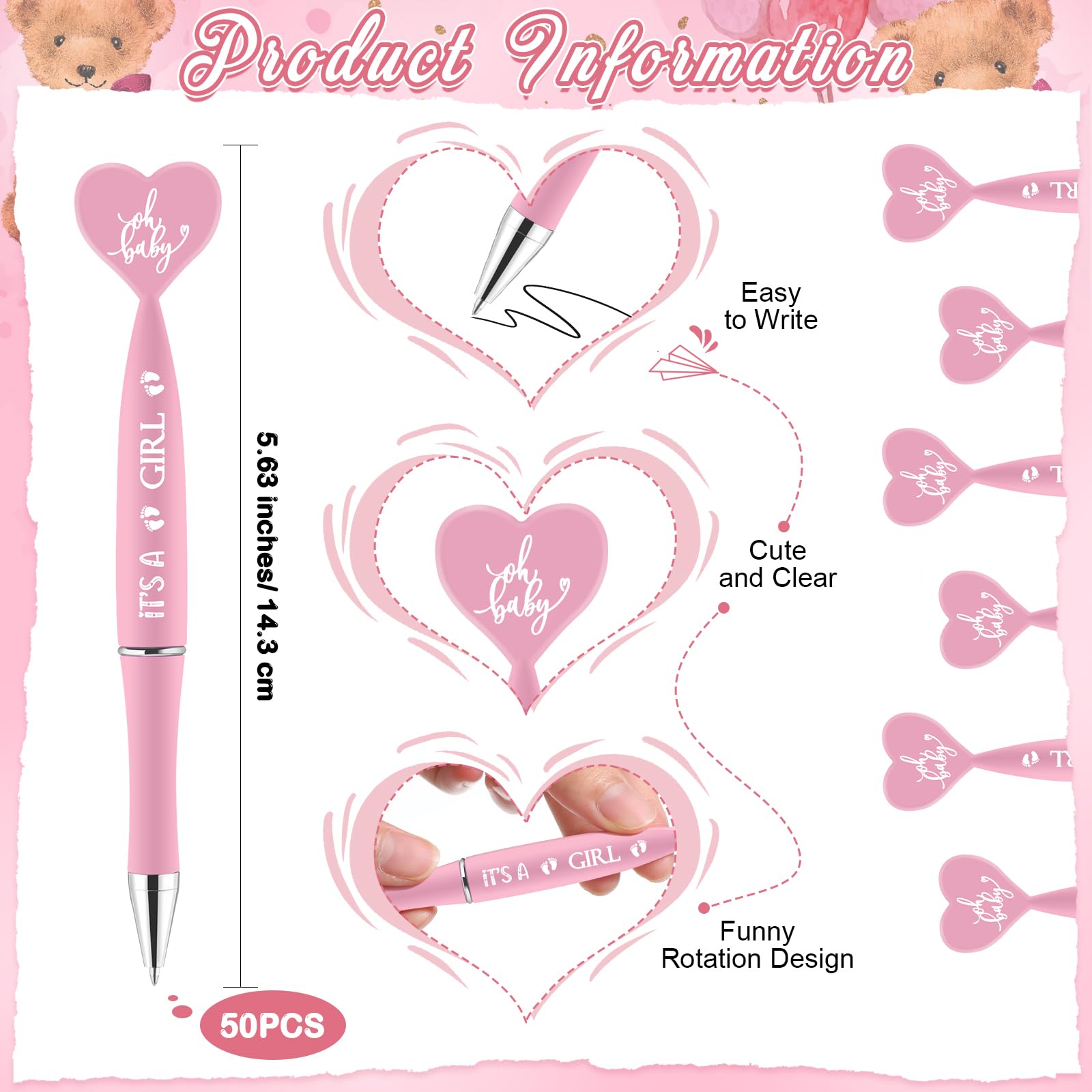 Qeeenar Juego de 50 recuerdos de baby shower para invitados, 1 letrero de agradecimiento por venir, 50 bolígrafos en forma de corazón, 50 tarjetas de agradecimiento con cordel para baby shower (niña,