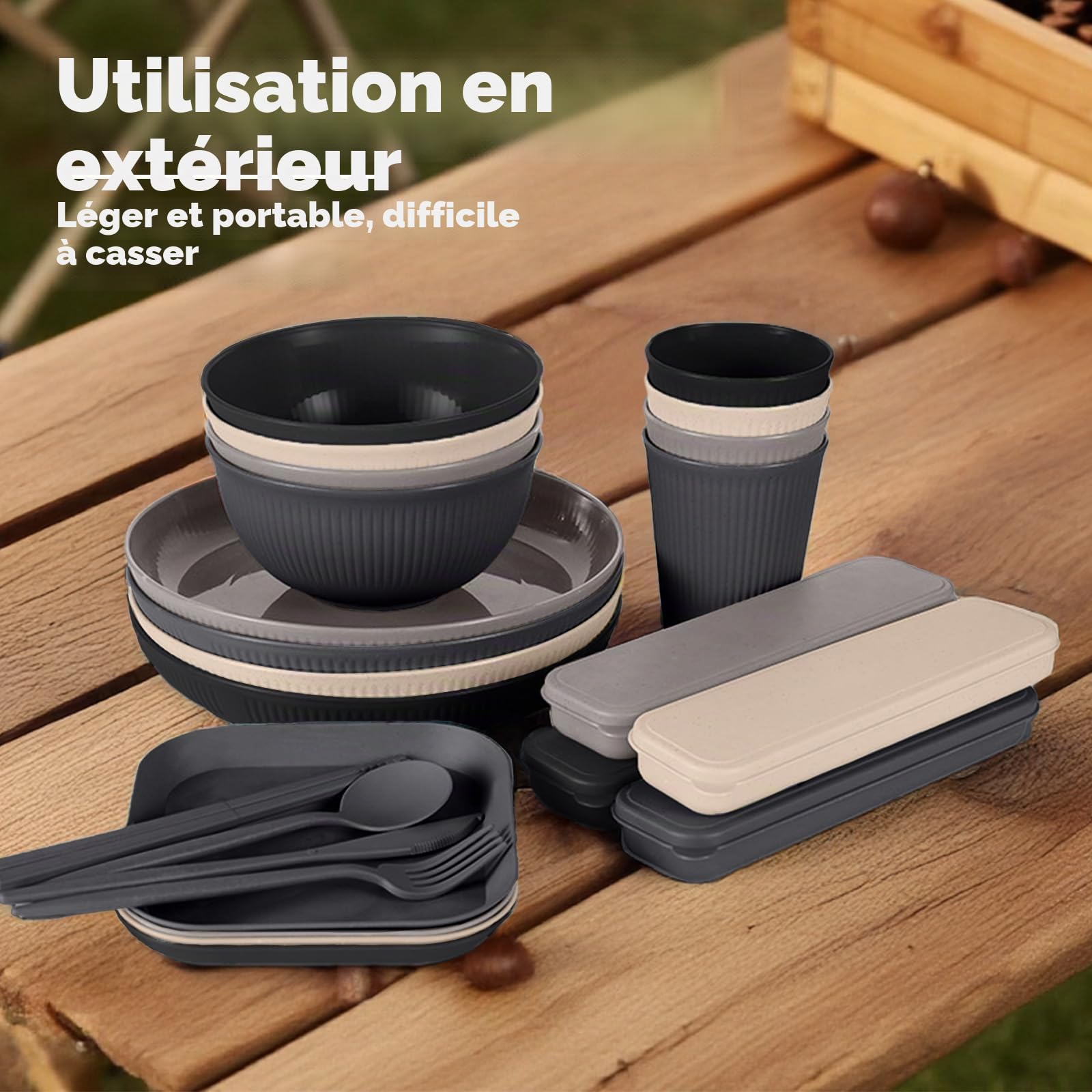 45 Pièces Ensemble Vaisselle Camping Léger pour 4 Personnes avec Bol,Assiette,Cuillère,Fourchette,Couteau,Gobelet et Sac Eangement,Écologique,Reutilisable,Incassable,Lave-Vaisselle(Neutres)