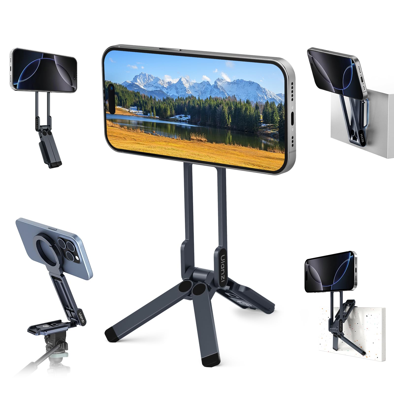ULANZI Magnetic Phone Tripod for iPhone, MA38 Portable Phone Holder Mini Tripod for Magsafe with Double-Sided 1/4'' Screw Arca Uka Port Foldable Hook