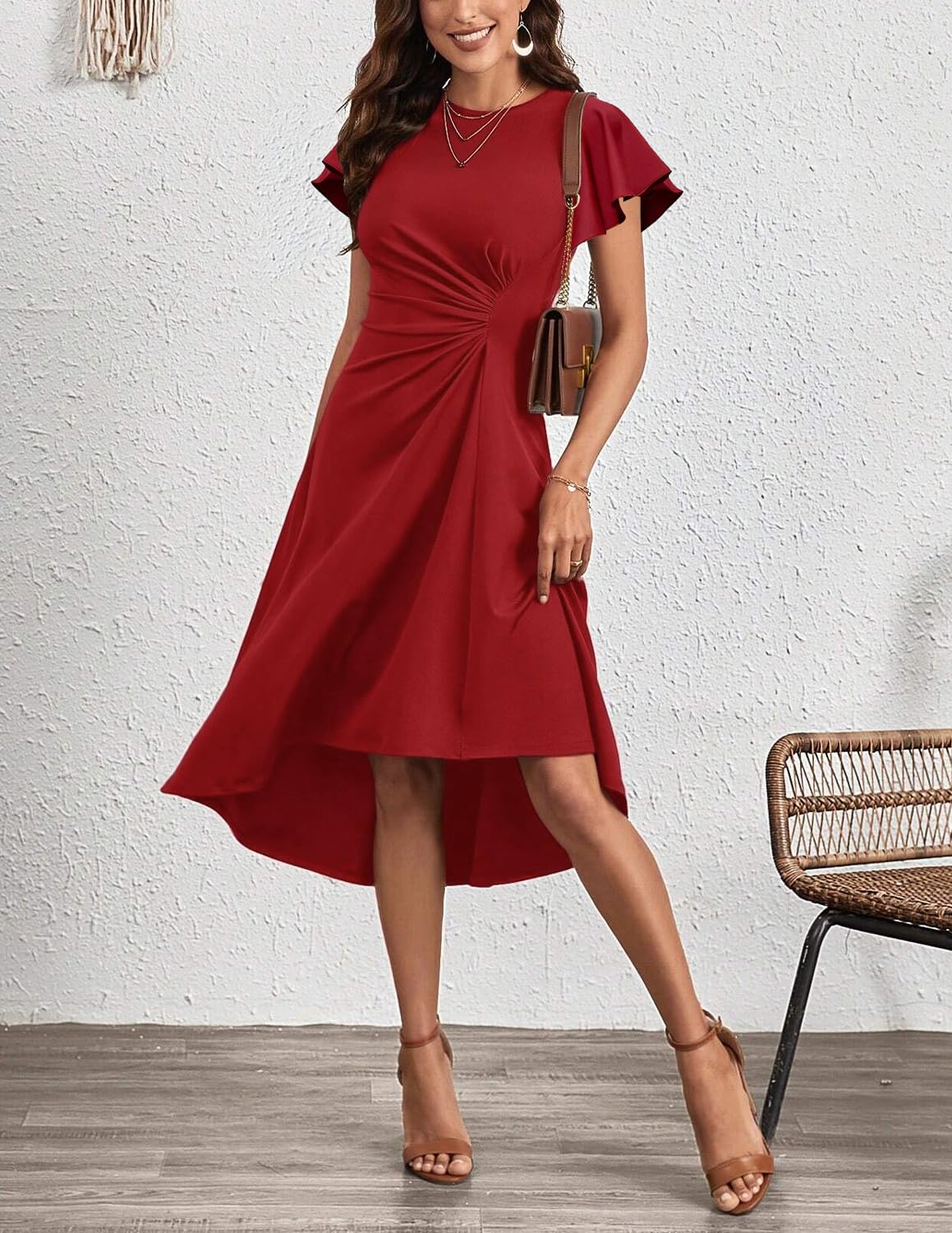 Vestido Elegante Mujer Vestidos de Manga Corta Cuello Redondo Casual Vestido A-Line de Cóctel Fiesta