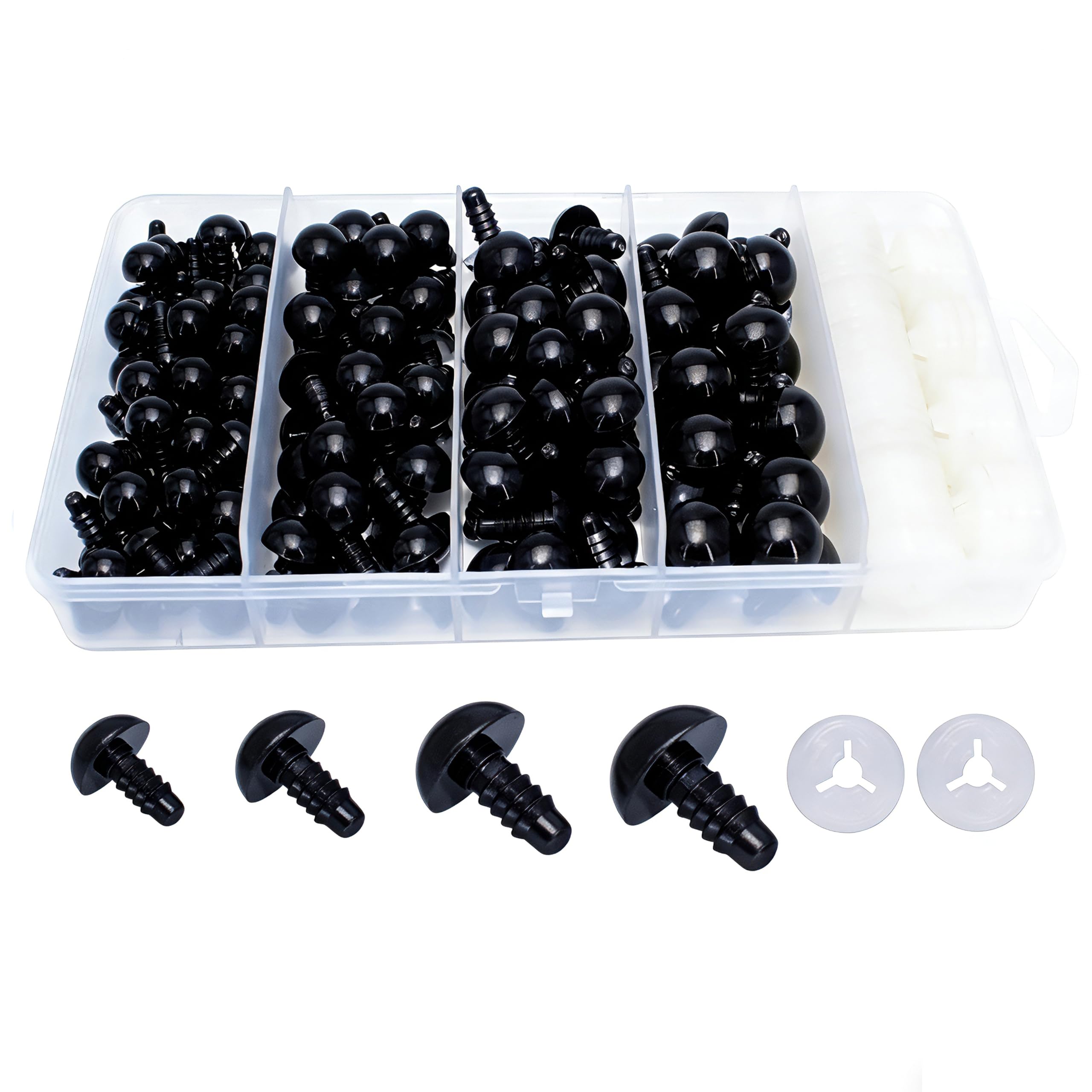300 ojos de seguridad y arandelas seguras para ganchillo amigurumi, 4 tamaños, 10-15 mm, ojos de seguridad de plástico negro, ojos de ganchillo para amigurumi, manualidades, muñecas de