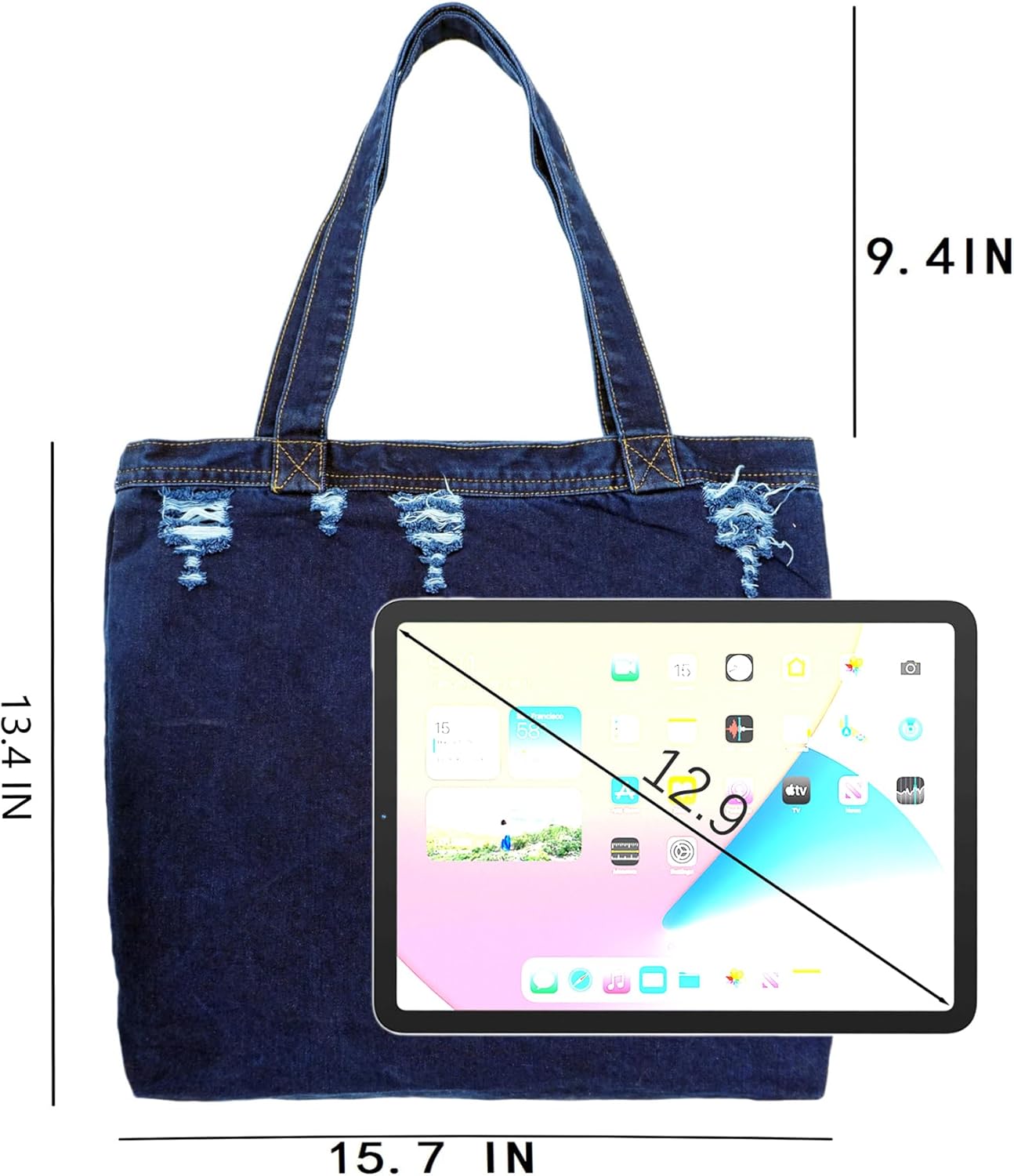 YunZh Reusable Grocery Bags Denim Tote Bag Casual Style Lightweight Classic Retro Travel Shopper Shoulder Handbag - Image 3