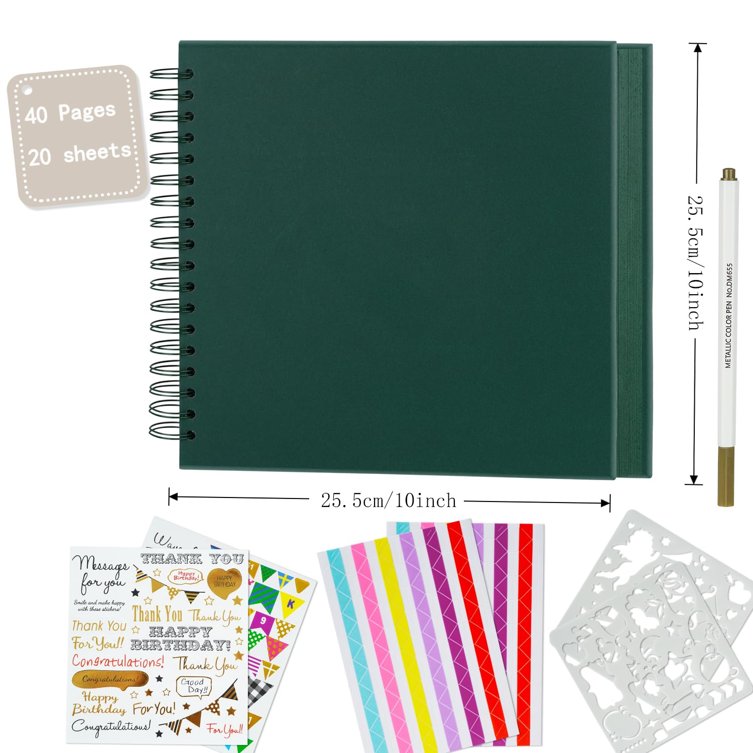 Miaikoe DIY Scrapbook Album 25.5x25.5 cm Hardcover Kraft Blank Paper Scrap Book with 20 Sheets Memory Book for Family Wedding Photography Anniversary (Dark Green) - Image 4