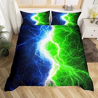 Blue Green Black Duvet Cover Full Size Lightnings Abstract Art Bedding Set for Boys Girls Kids,Lightning Video Games BedÂ Set Modern Gamer Room Decor,Psychedelic Hippie Style Patchwork Comforter Cover