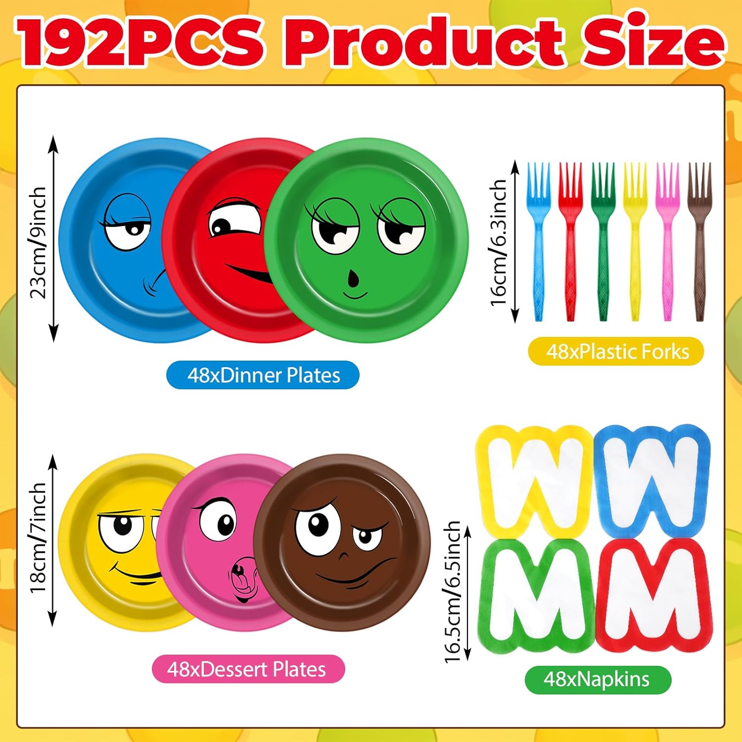 192Pcs Cartoon Beans Party Decorations Chocolate Characters Paper Plates and Napkins Colorful Cartoon Themed Disposable Tableware Set for Chocolate Beans Birthday Baby Shower Party Supplies Serves 48