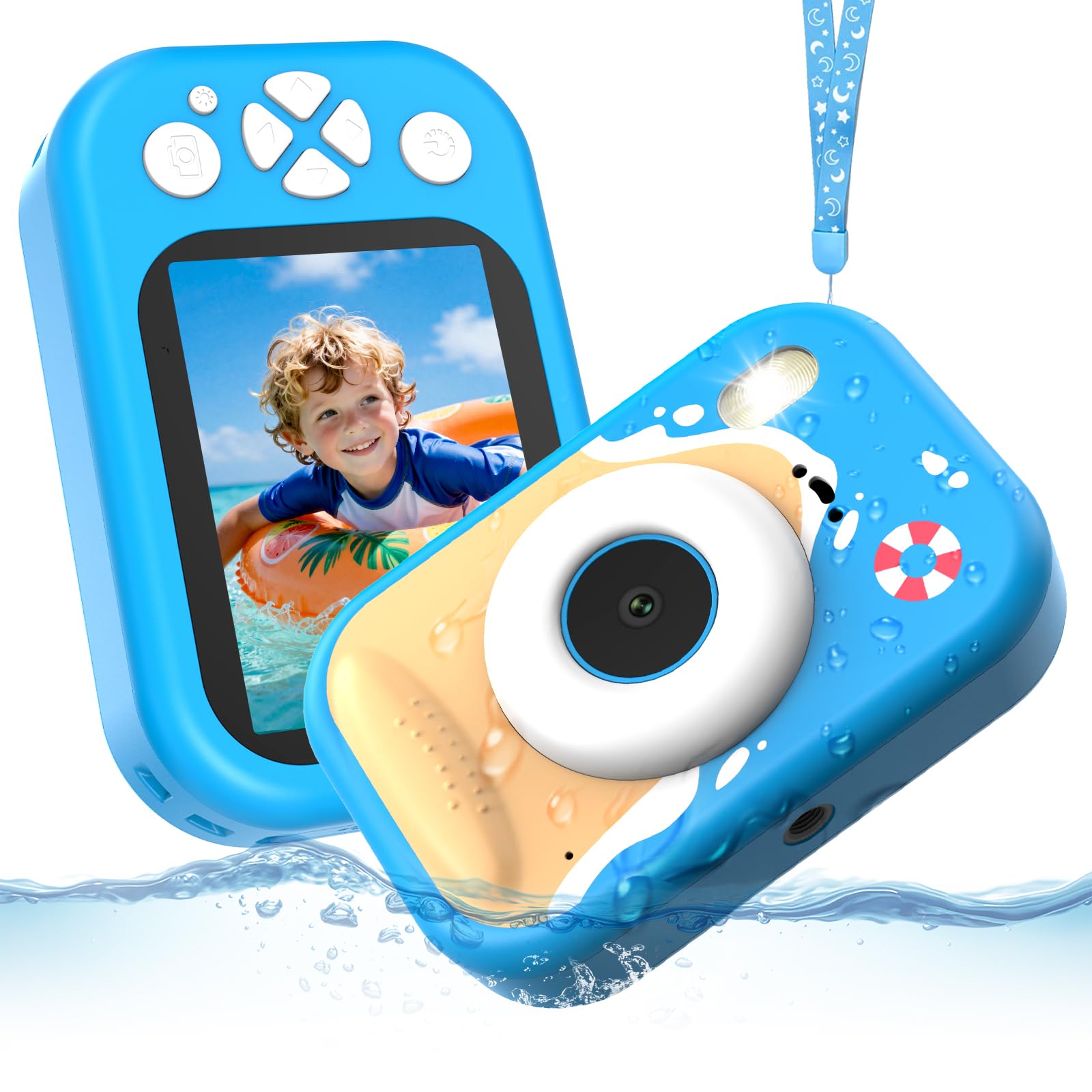 Cámara Fotos Infantil, 48MP HD 1080P Cámara Acuática para Niños con Pantalla de 2,4 Pulgadas + SD 32GB Ideal para Deportes Acuáticos, Natación y Playas (Azul)